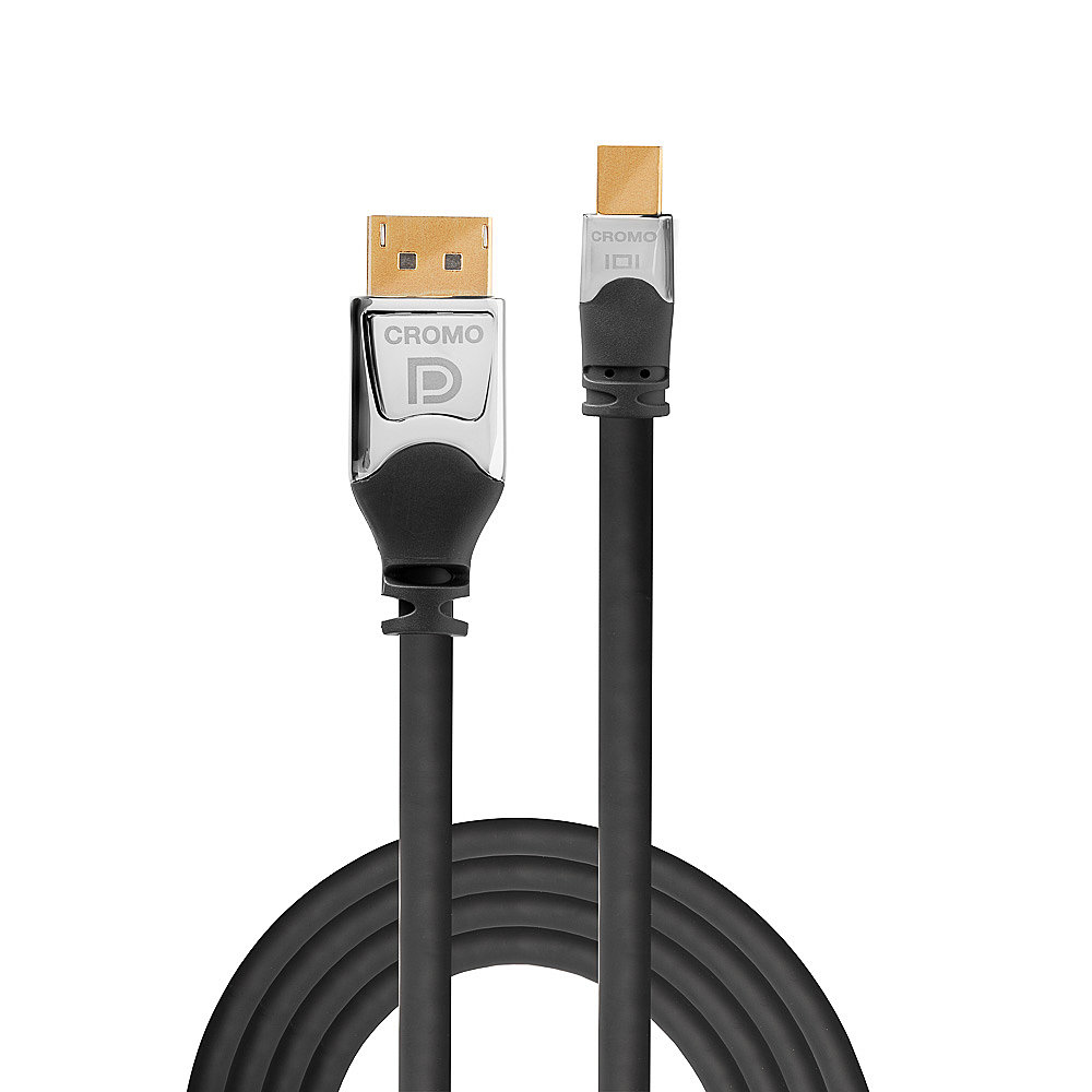 Un cavo DisplayPort nero con connettori cromati. I connettori sono argentati.