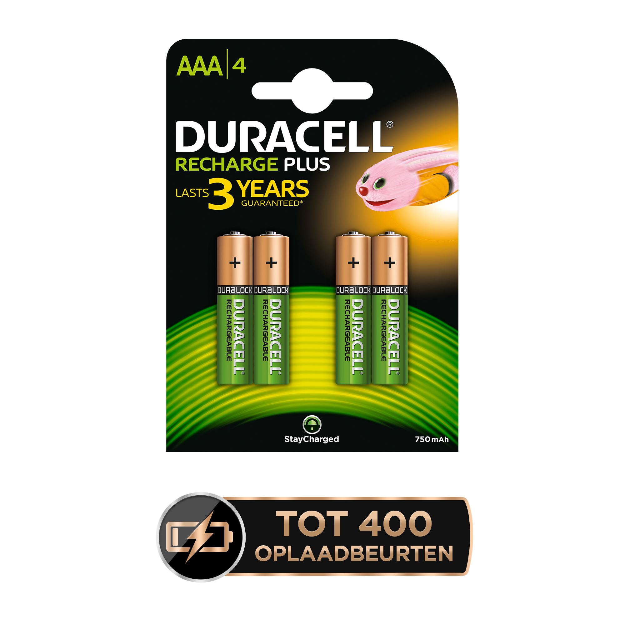 Opakowanie baterii Duracell AAA. Zawiera 4 baterie, schemat kolorów zielony i złoty oraz napis "RECHARGE PLUS".