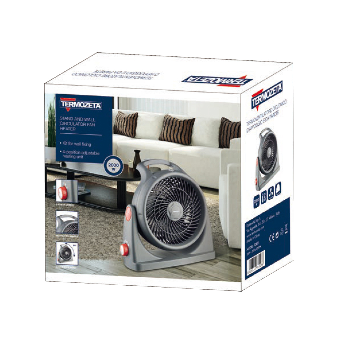 Pudełko z wentylatorem i grzejnikiem, ze zdjęciami i tekstem o produkcie.