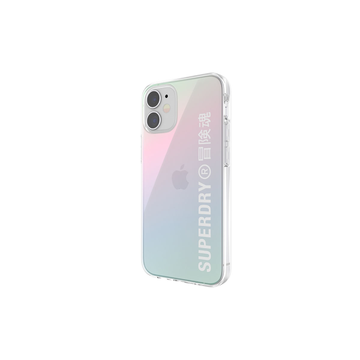 Una custodia trasparente per telefono con gradiente colorato e il logo Superdry.