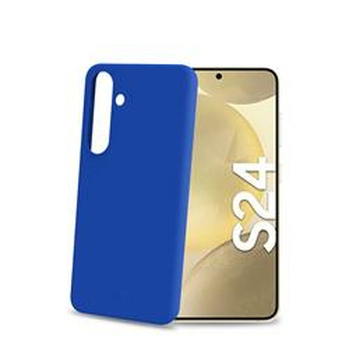 Una custodia blu per telefono accanto a un telefono con sfondo bianco.