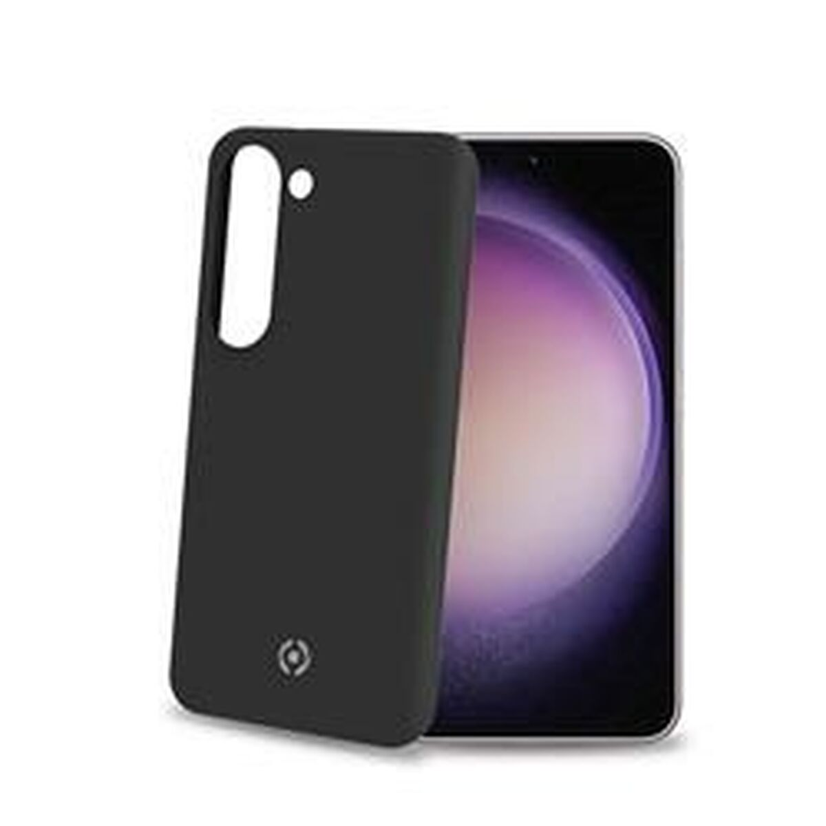 Custodia nera per telefono accanto a telefono con schermo viola e bianco.