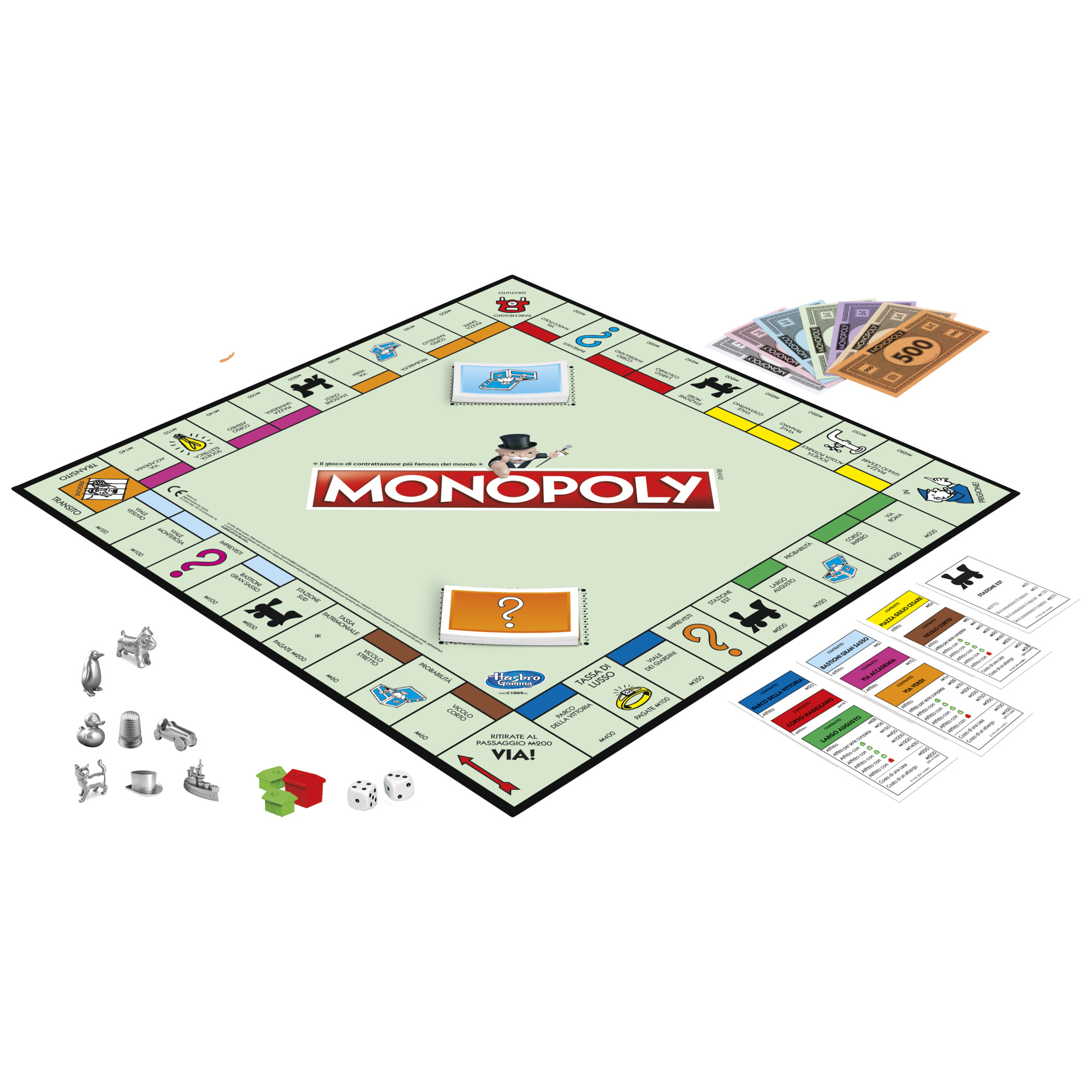 Plansza do gry Monopoly z elementami i pieniędzmi na białym tle.