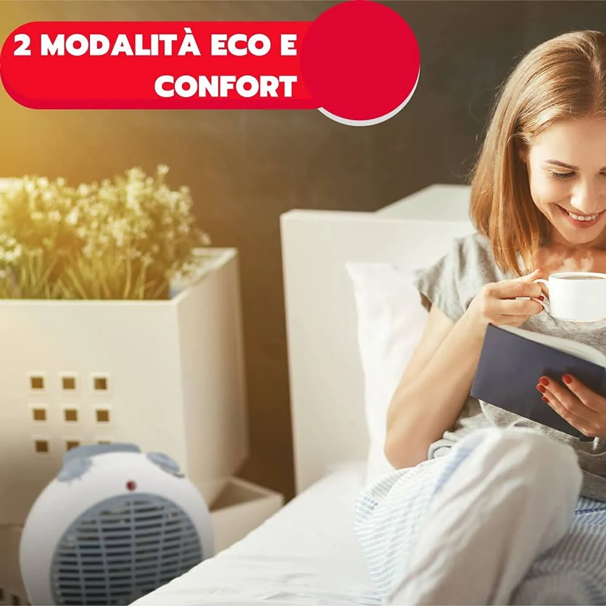 Kobieta w łóżku czyta z grzejnikiem na dole. Tekst u góry: '2 tryby eco i komfort'.