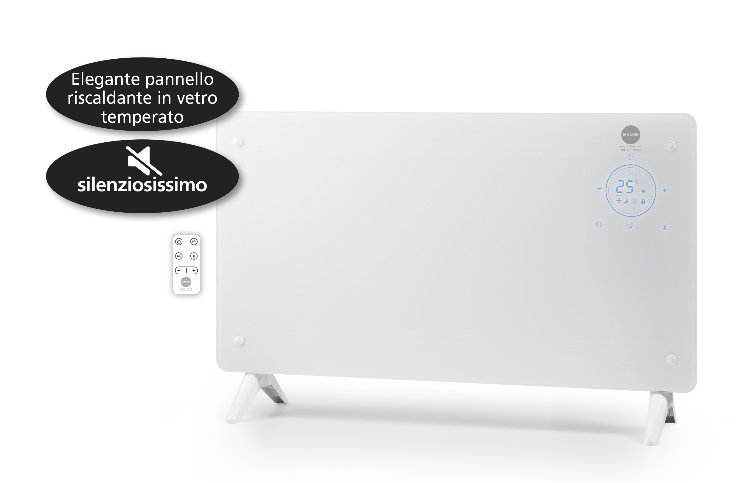 Biały grzejnik elektryczny z pilotem i wyświetlaczem cyfrowym.