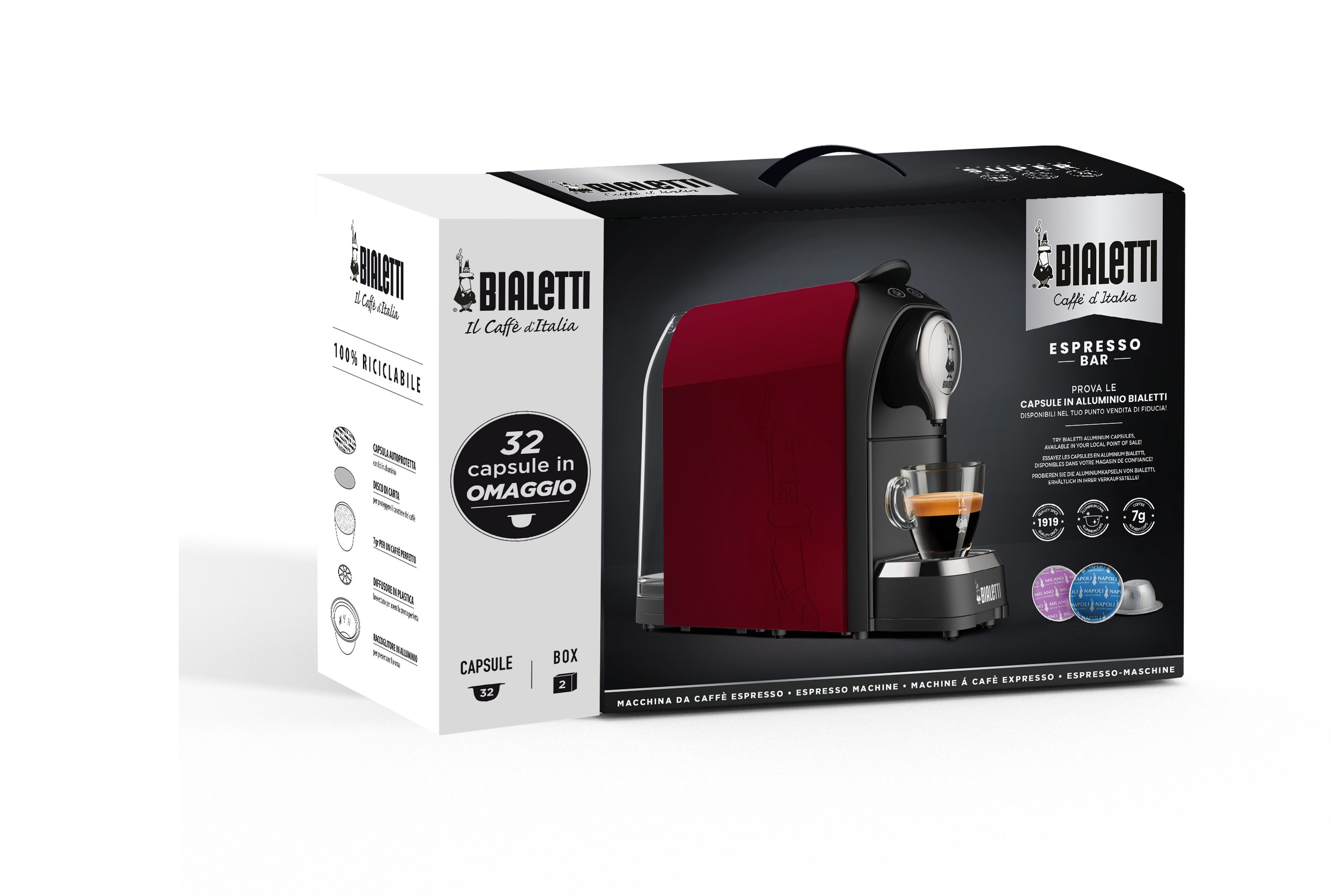 Pudełko ekspresu do kawy, widoczny czerwony ekspres. Zawiera tekst o ekspresie i kawie.