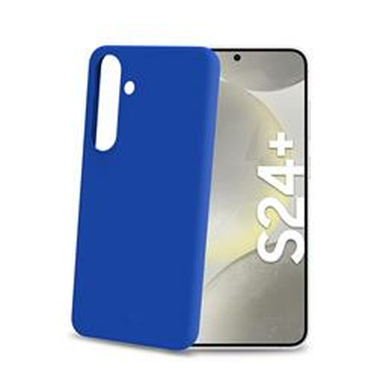 Custodia blu per telefono accanto a un telefono. Il telefono mostra S24+ sullo schermo.