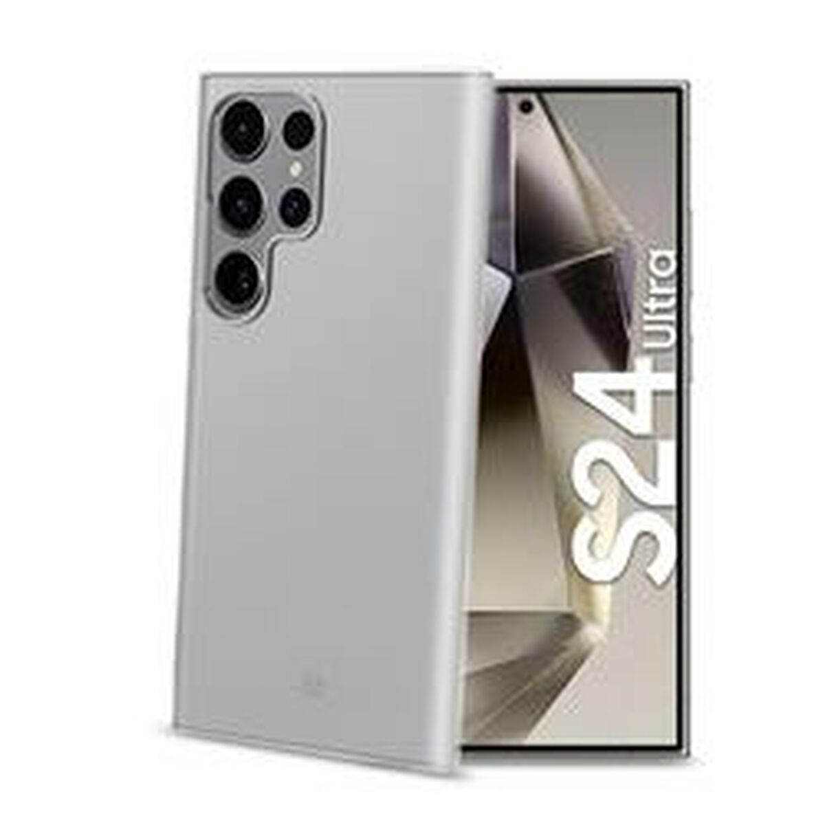 Un telefono grigio S24 Ultra con tripla fotocamera e schermo luminoso.