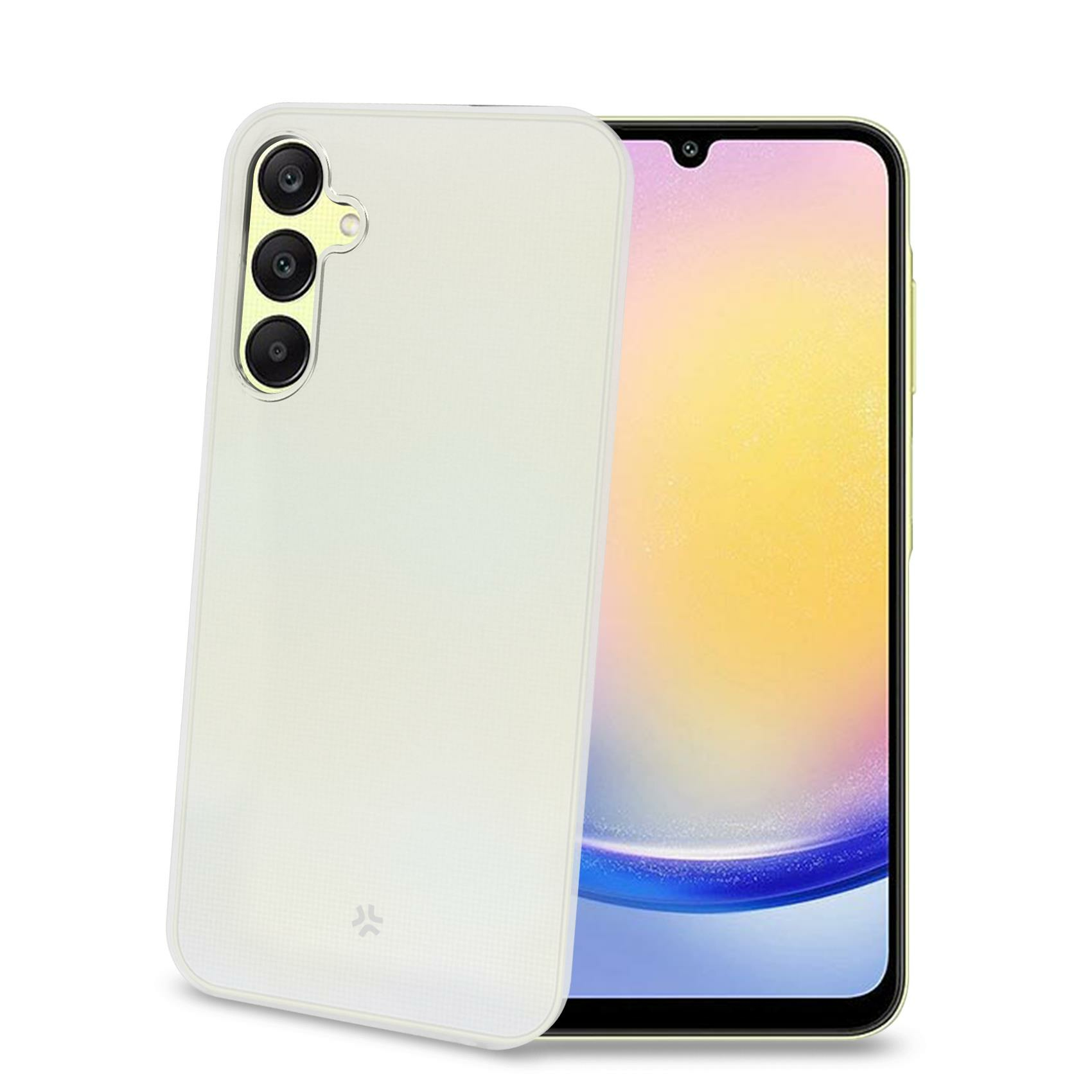 Weißes Handycase neben einem Handy. Das Handy hat einen gelben Hintergrund.
