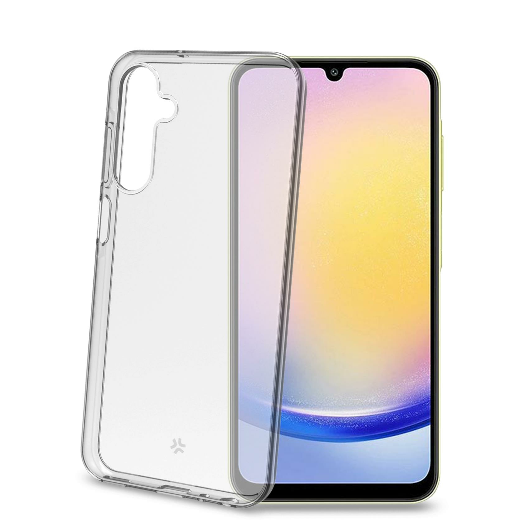 Transparente Handyhülle neben einem Handy. Das Handy hat einen gelben Hintergrund.