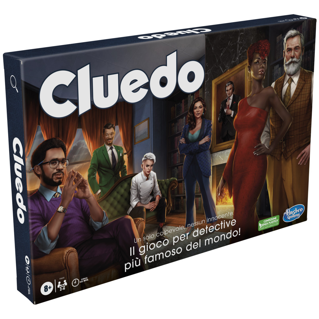 Pudełko gry planszowej Cluedo. Pokazuje ilustracje postaci i tytuł gry.