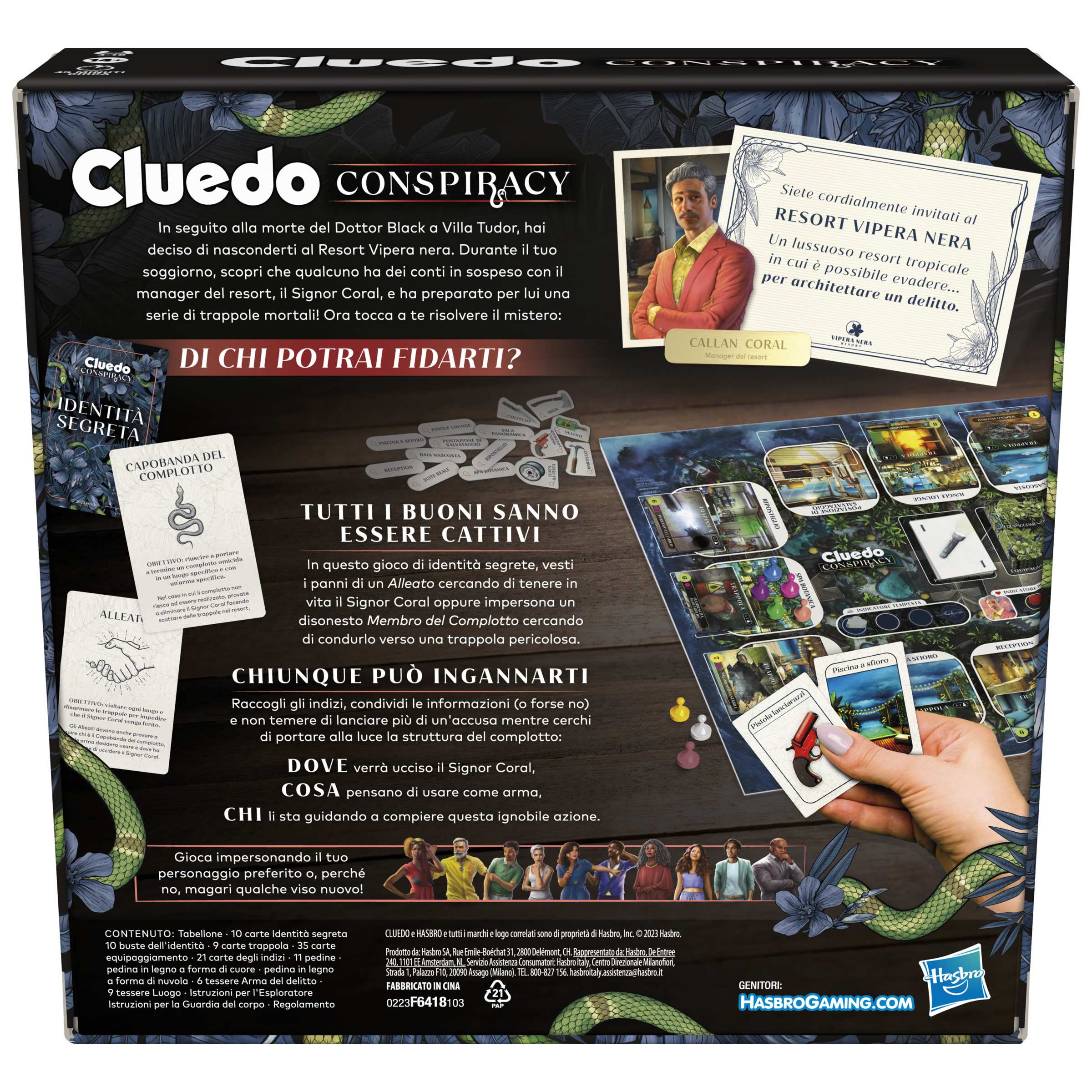 Cluedo Conspiracy Brettspielbox, mit Spielbrett und Charakterillustrationen.