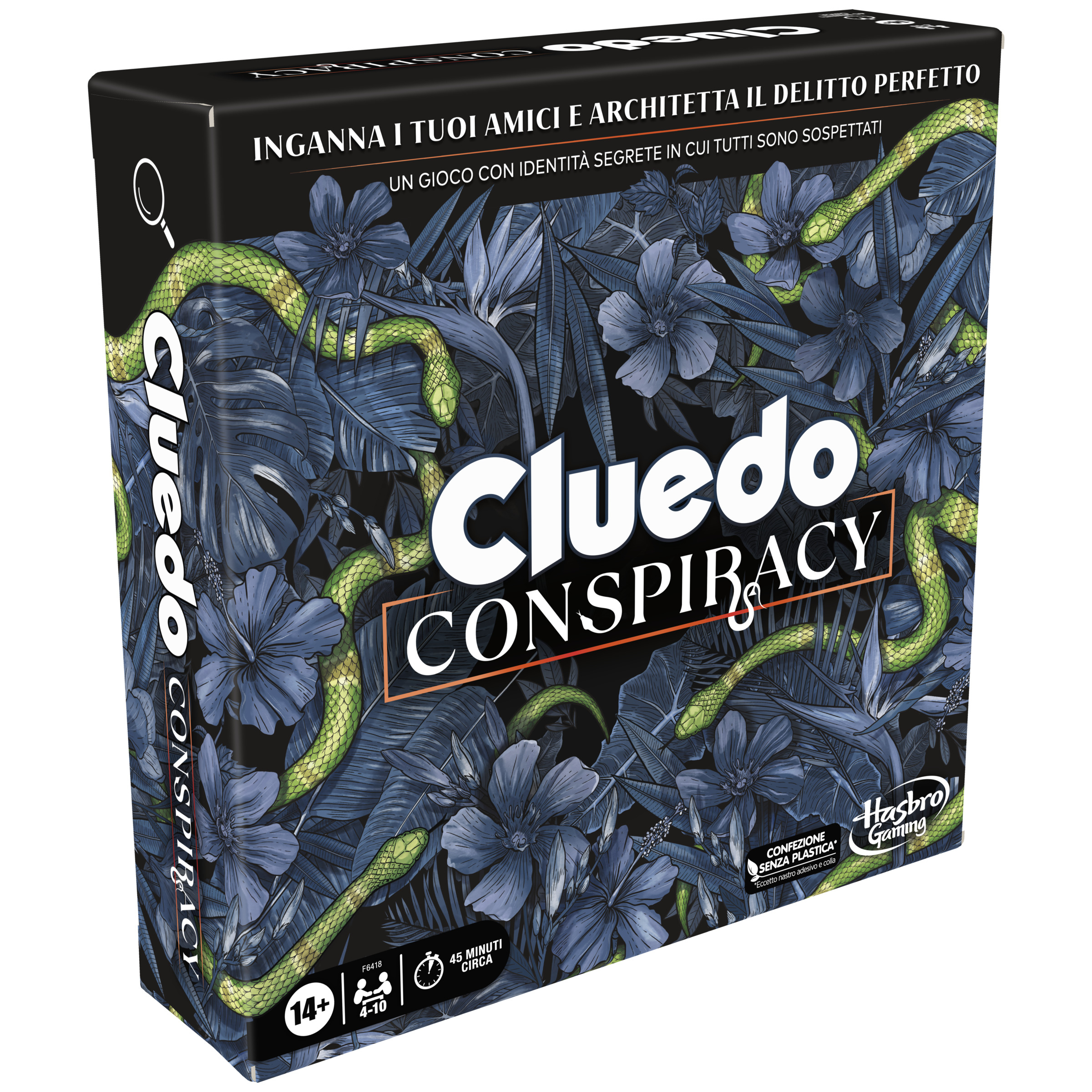 Cluedo Conspiracy Spielbox. Schlangen und Blumen zieren die Hülle. Der Titel ist groß und weiß.