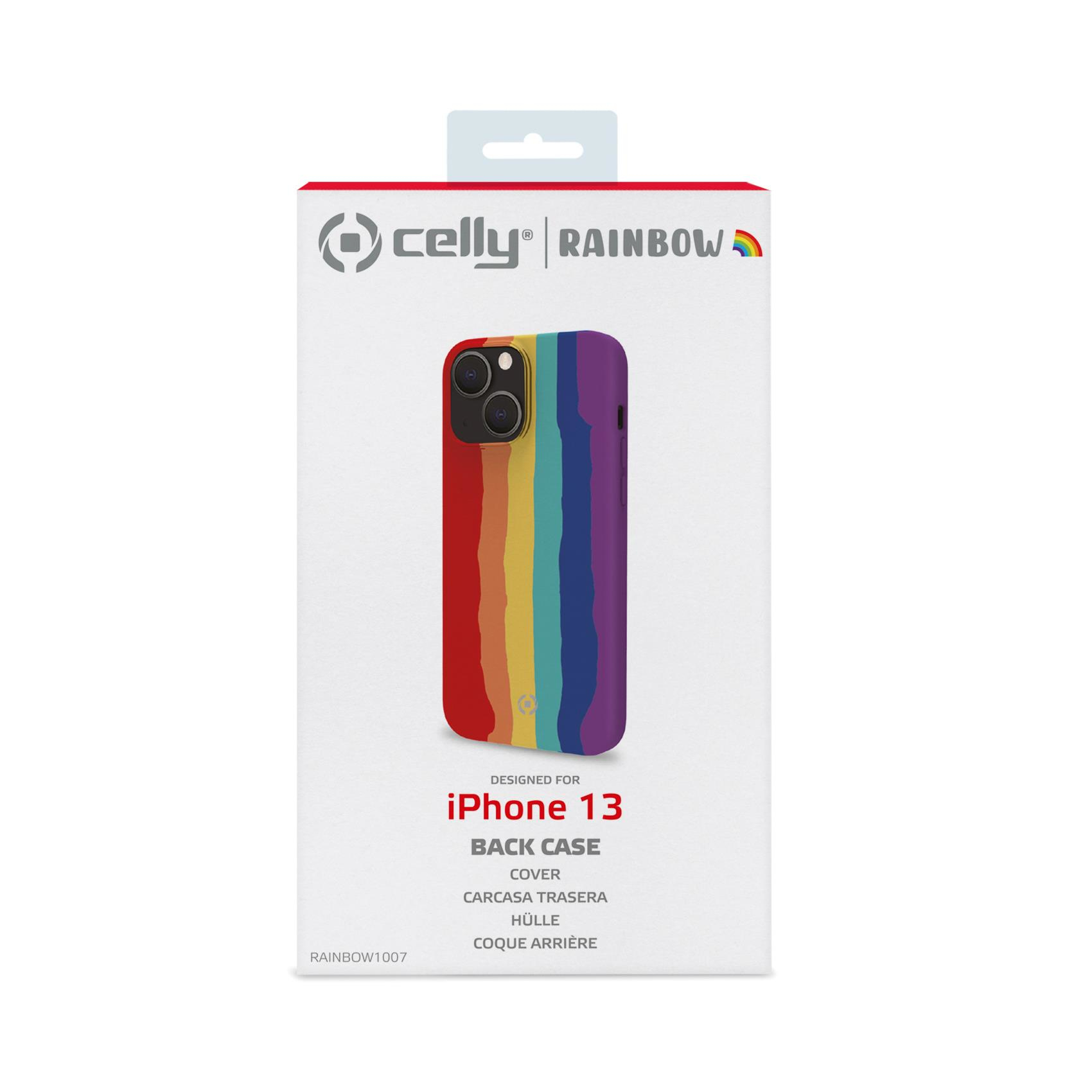 Custodia iPhone 13, design arcobaleno, scatola bianca con arcobaleno e marchio.