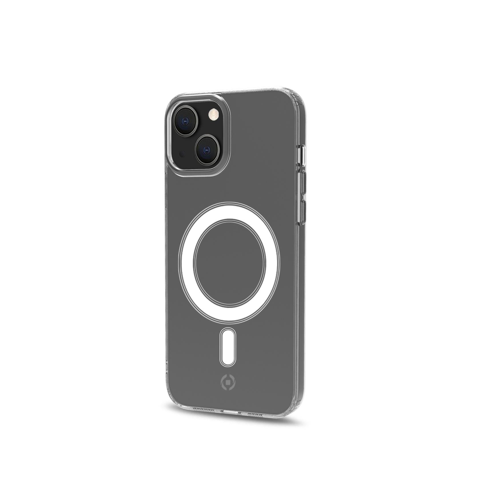 Custodia trasparente per telefono su sfondo bianco. La custodia mostra un anello magnetico.
