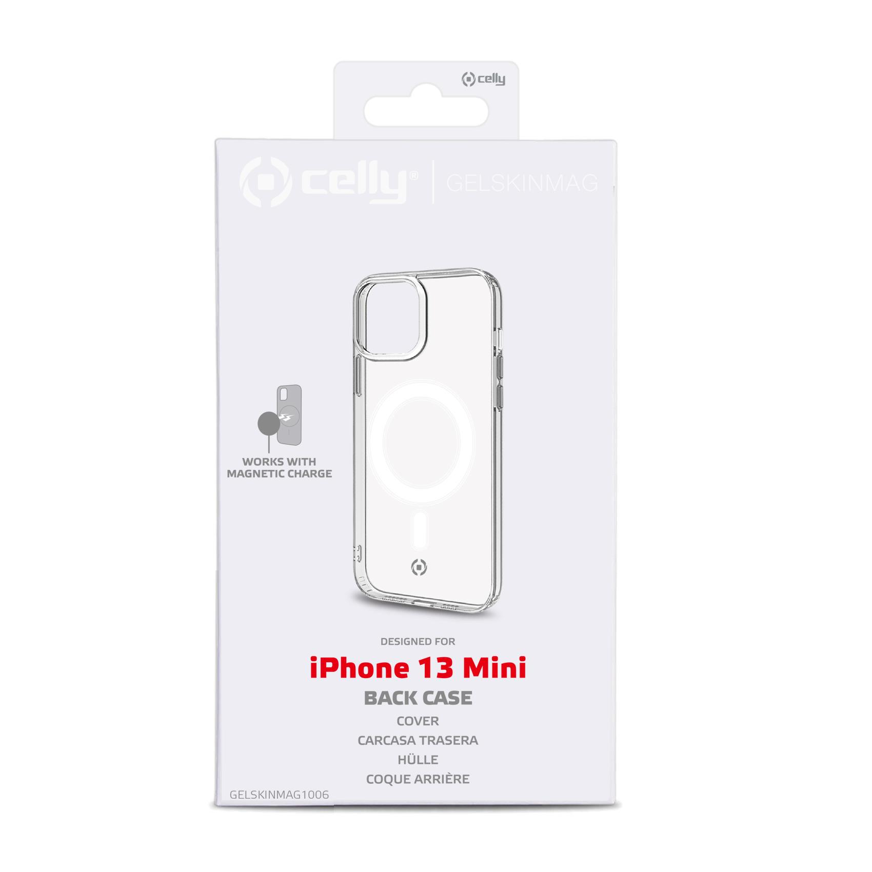 Custodia iPhone 13 Mini, trasparente, scatola bianca con marchio e nome del telefono.