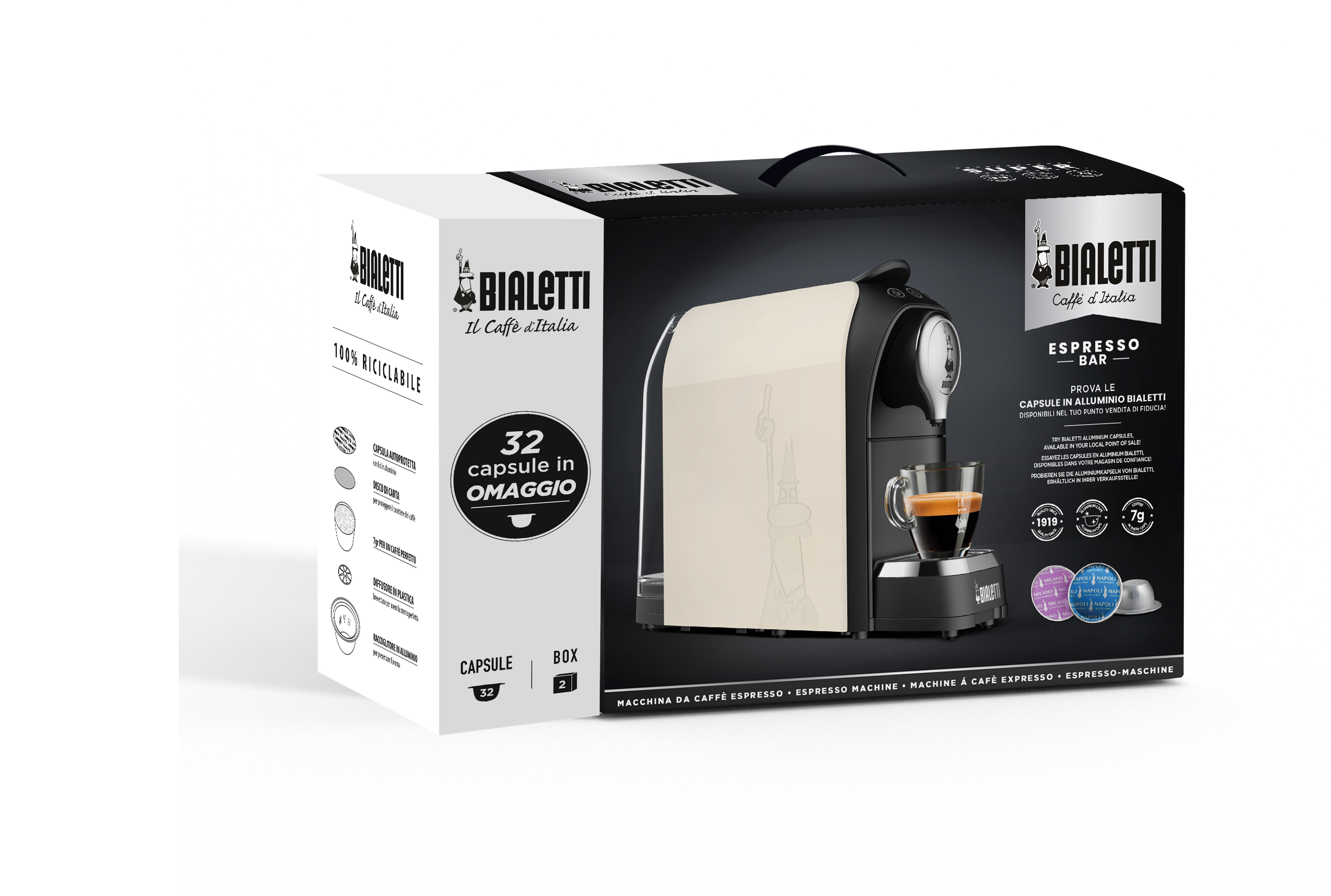 Biało-beżowy ekspres do espresso w pudełku. Zawiera ekspres, kapsułki i akcesoria. Marka Bialetti.