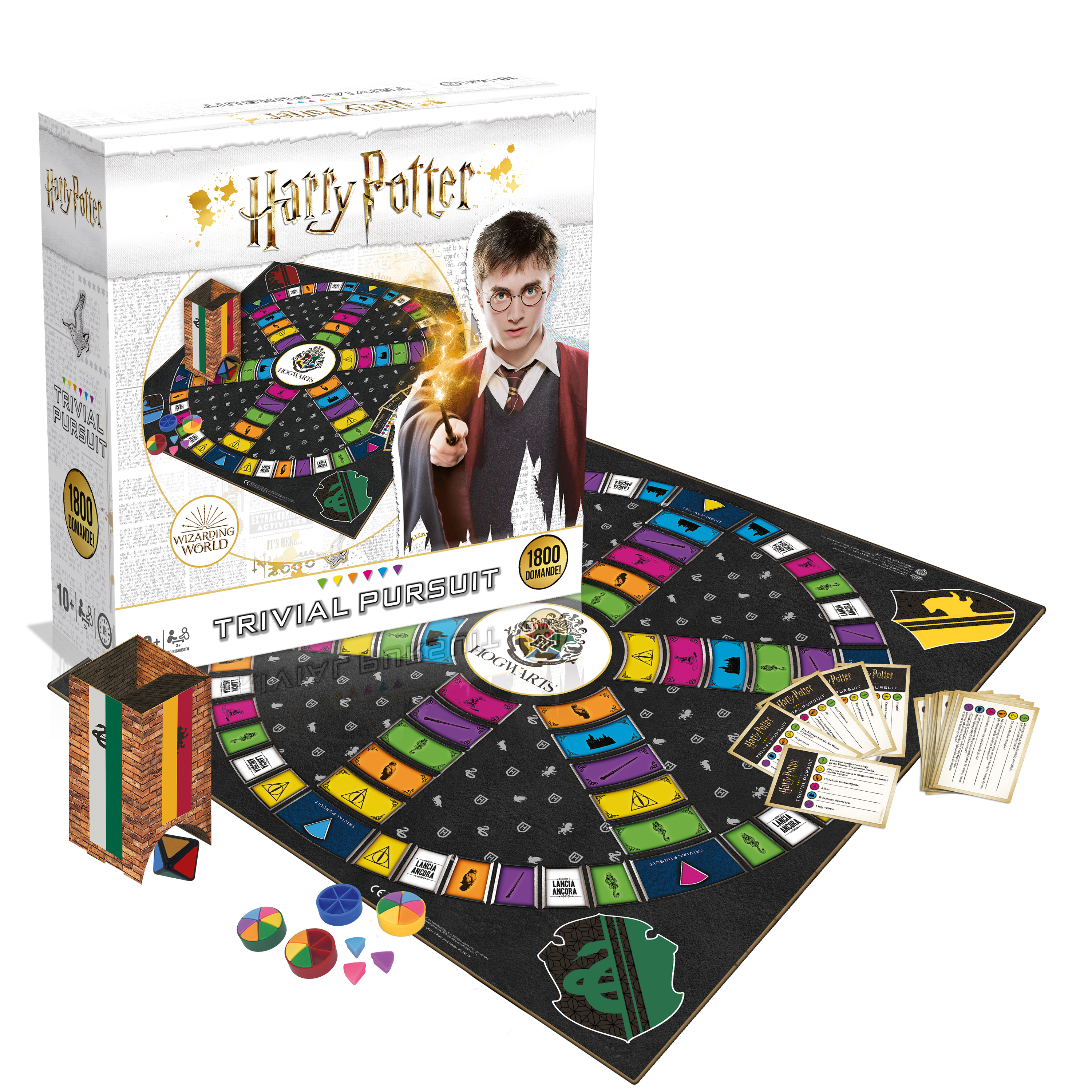 Das Harry Potter Trivial Pursuit Brettspiel. Die Box zeigt Harry mit einem Zauberstab. Das Spielbrett ist ausgestellt.
