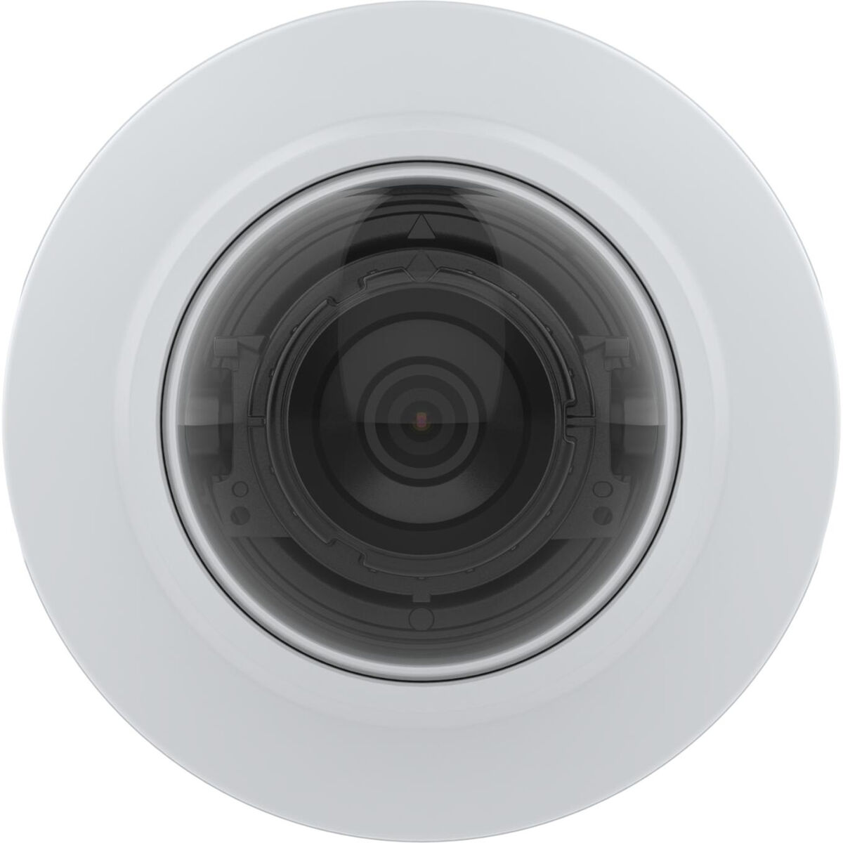 Biała kamera bezpieczeństwa z ciemną soczewką. Kamera jest okrągła i zamontowana na białej powierzchni.