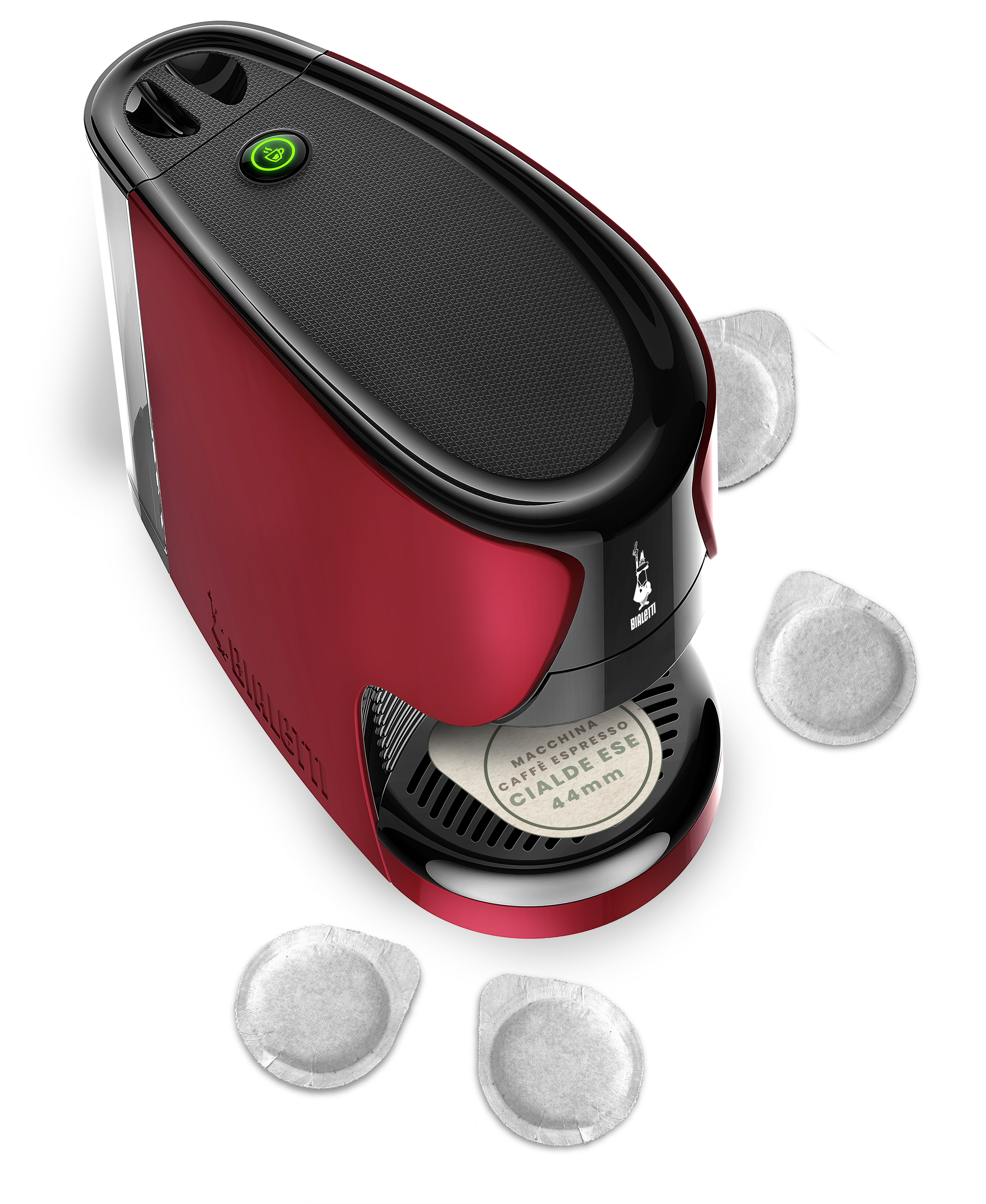 Czerwony ekspres do kawy z czarnym blatem i wieloma kapsułkami do kawy. Ekspres ma gniazdo na kapsułki.