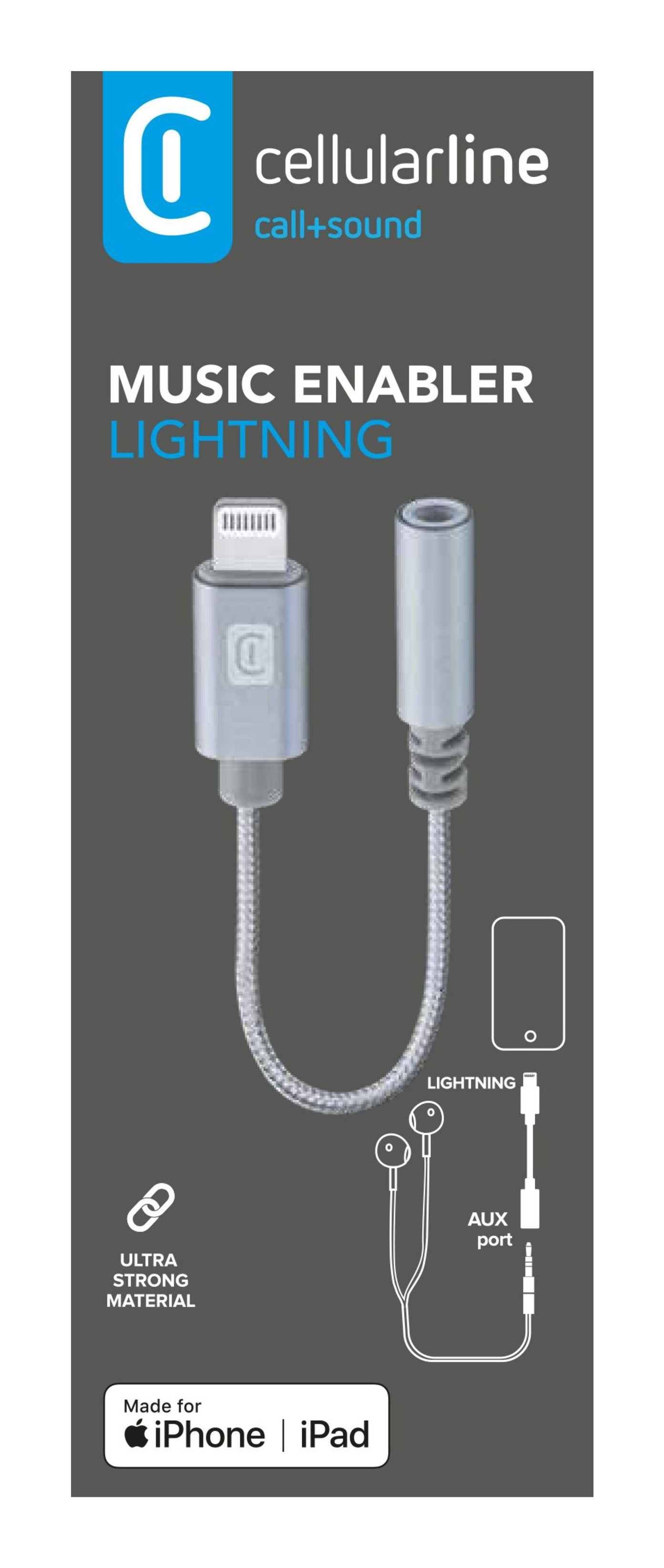 Cellularline Lightning-zu-Aux-Adapter auf grauem Hintergrund, mit Diagrammen.