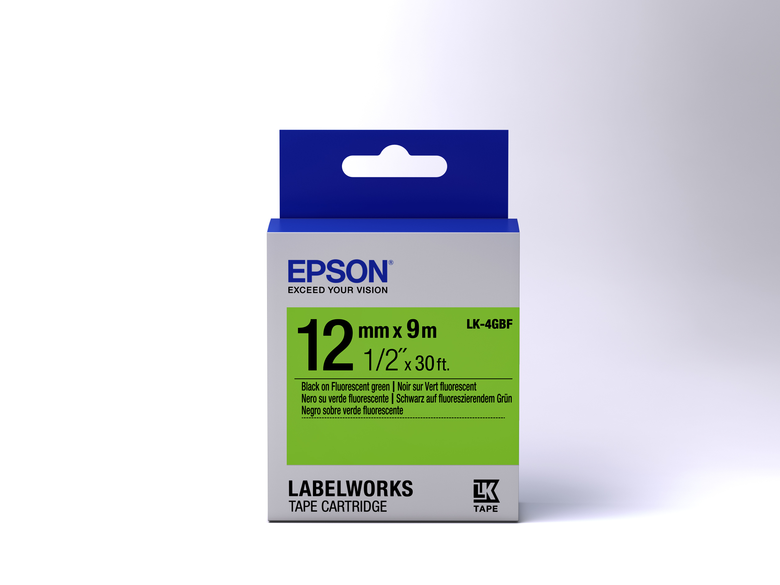 Epson Etikettenband-Kartuschenbox, schwarz auf fluoreszierendem Grün, 12 mm x 9 m.