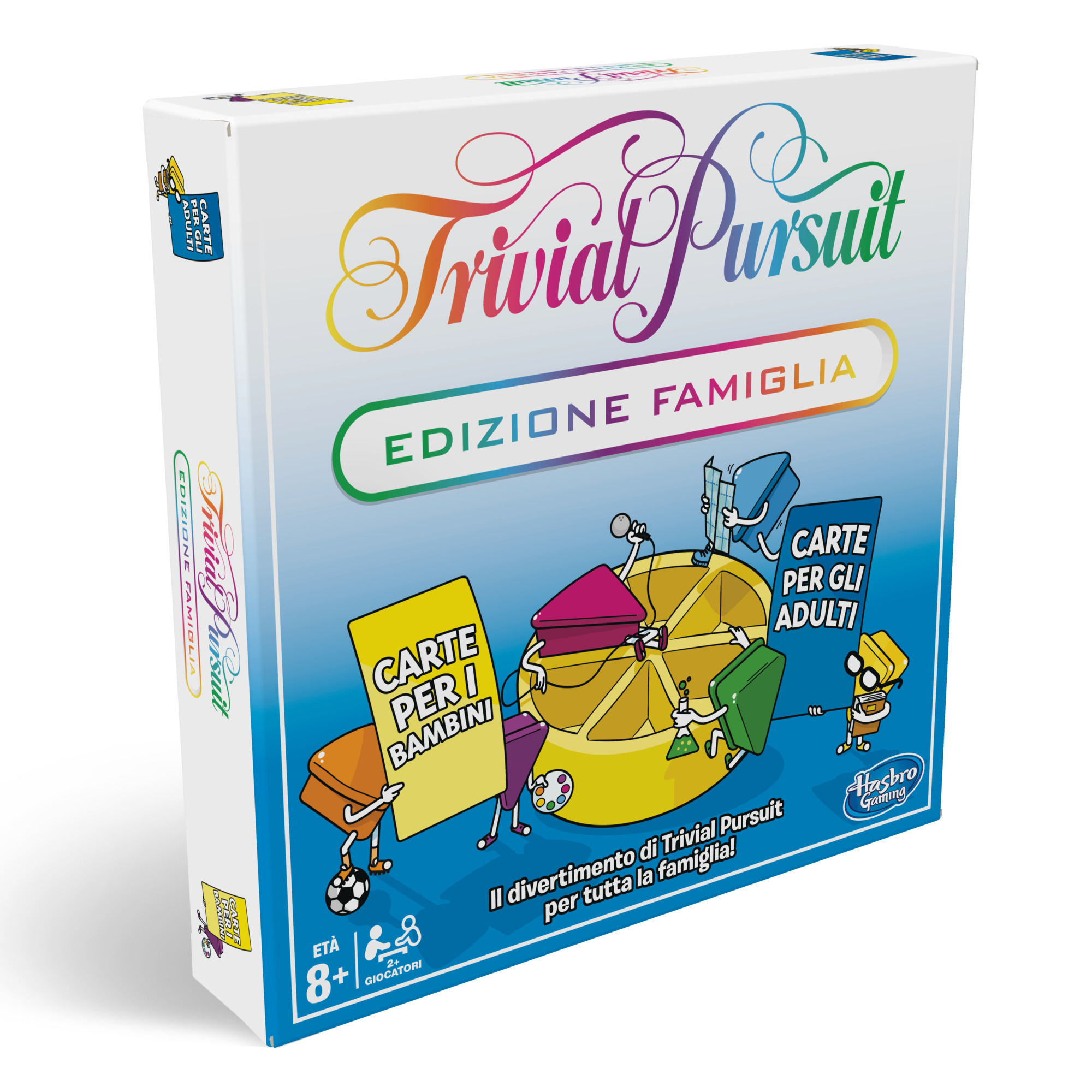 Trivial Pursuit Family Edition Spielbox. Es zeigt Illustrationen des Spiels und Text auf Italienisch.