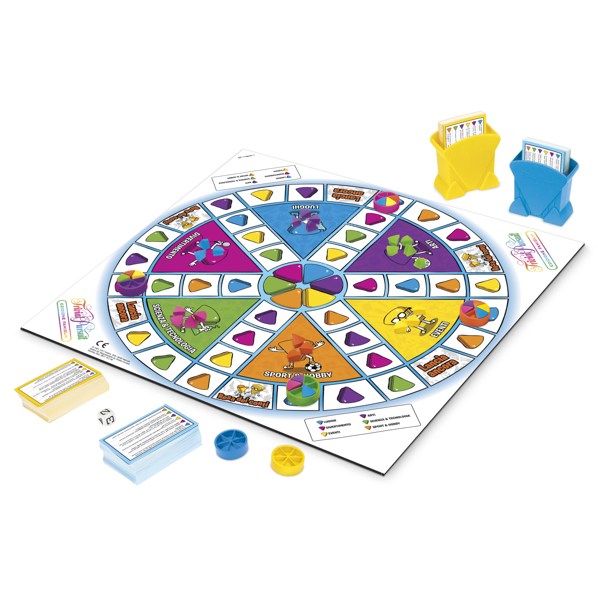 Brettspiel-Layout mit farbenfrohen Abschnitten, Karten und Spielsteinen auf weißer Oberfläche.