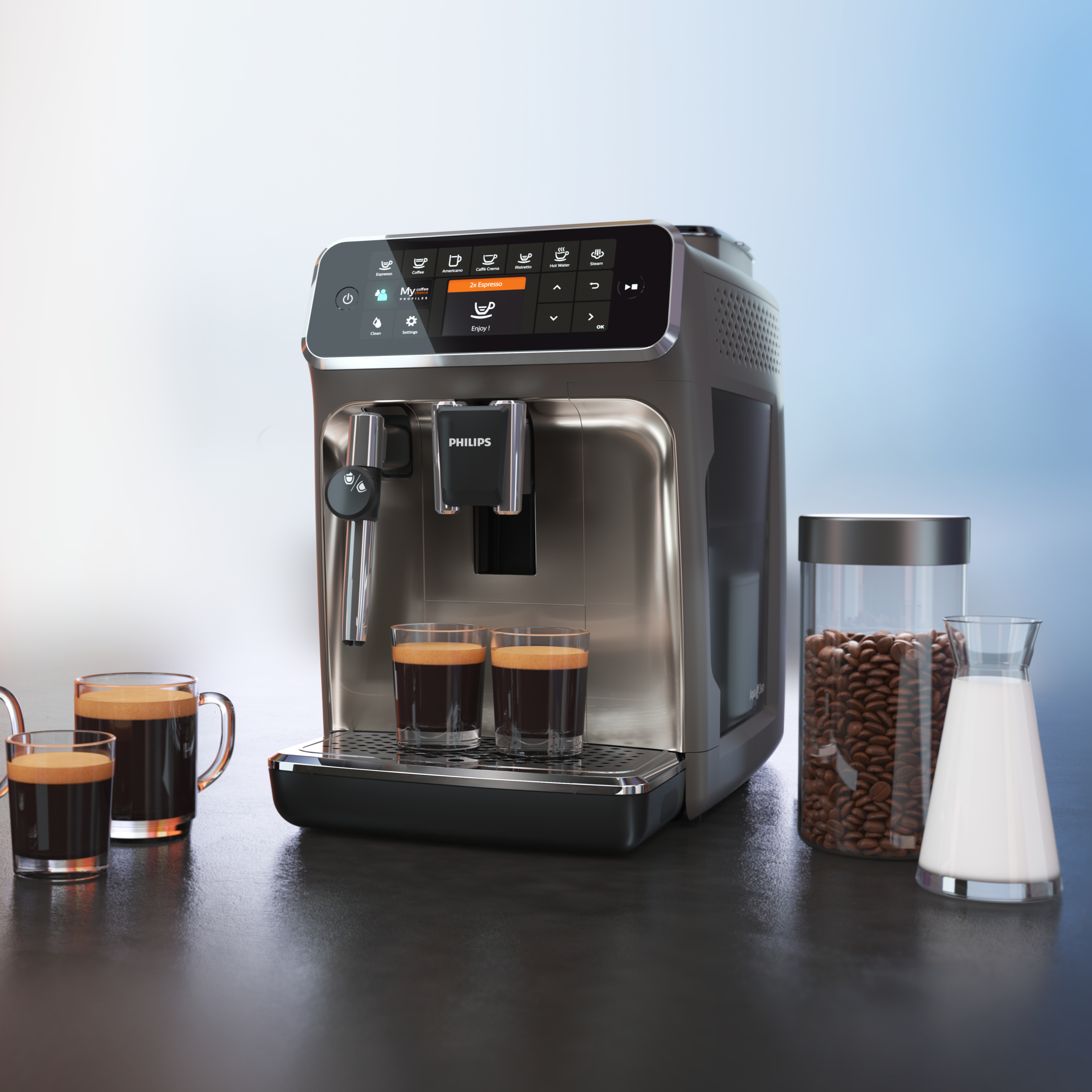 Una macchina da caffè con caffè e latte, su una superficie.
