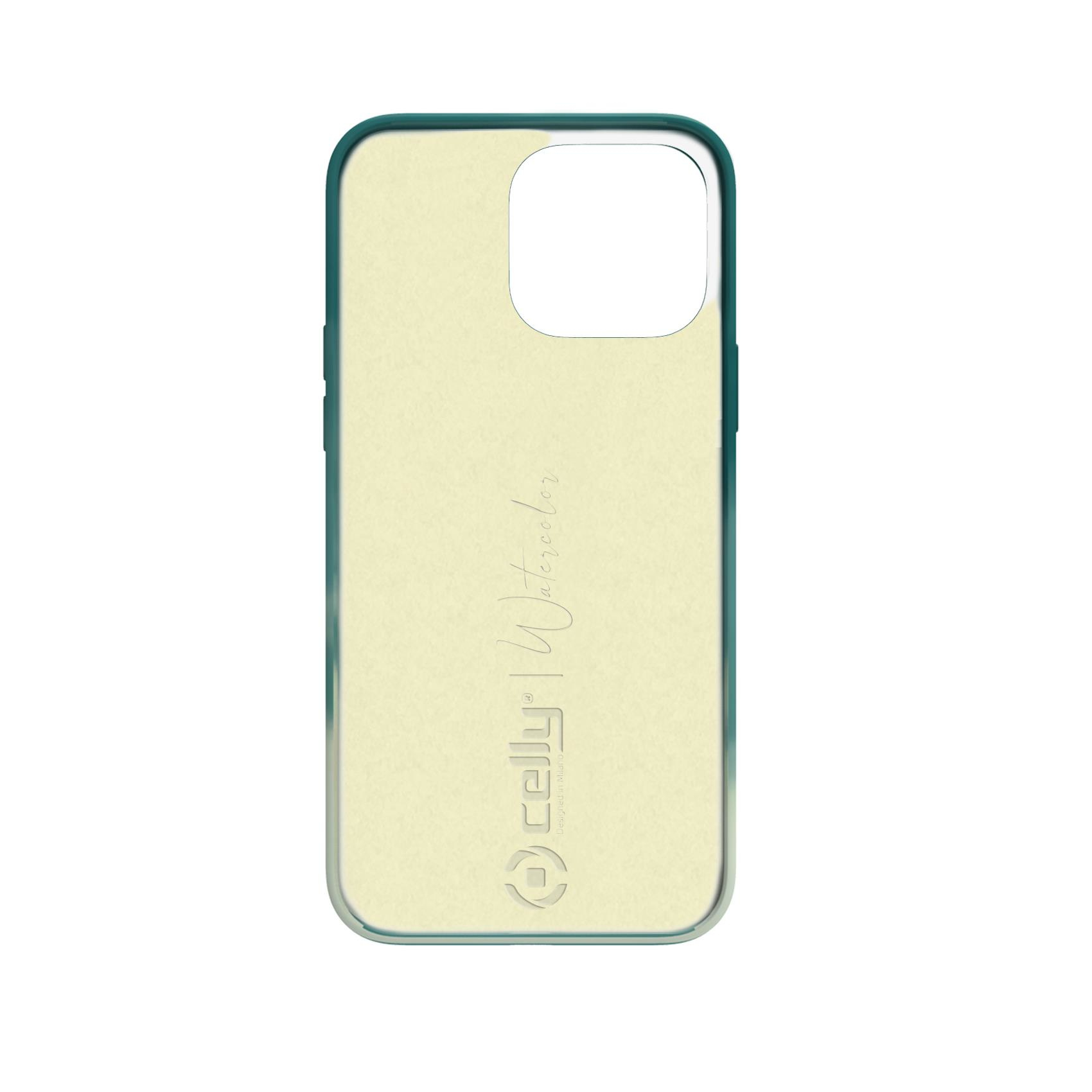 Custodia per telefono con sfondo giallo e contorno blu, visibile il logo Celly Watercolor.