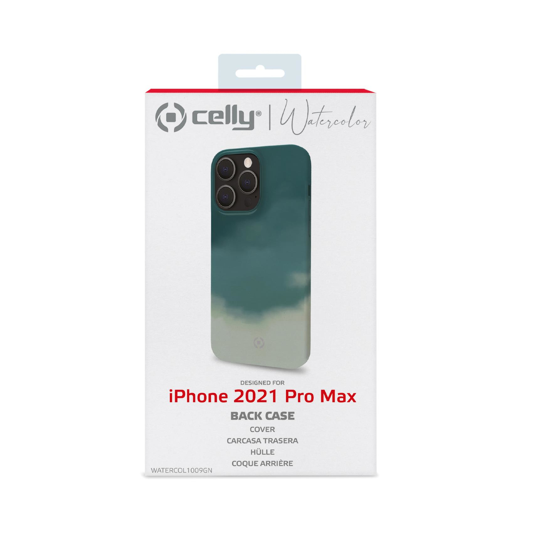 Una custodia per iPhone color verde acqua in una scatola bianca.