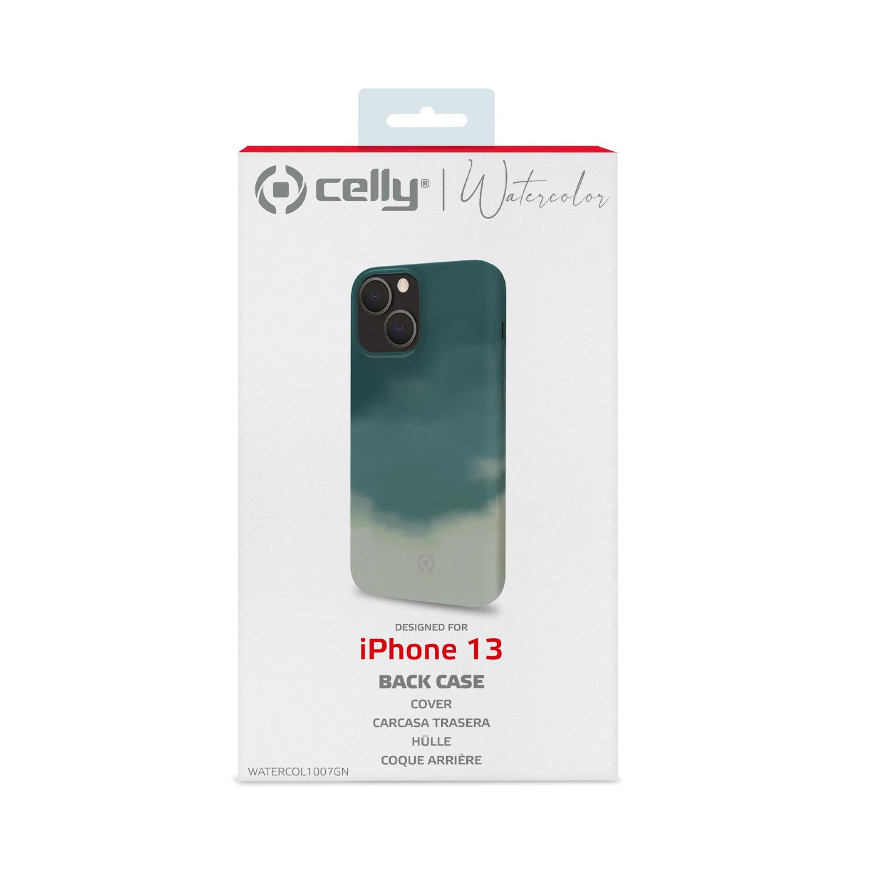 Una custodia per iPhone 13 verde acqua in una scatola bianca.