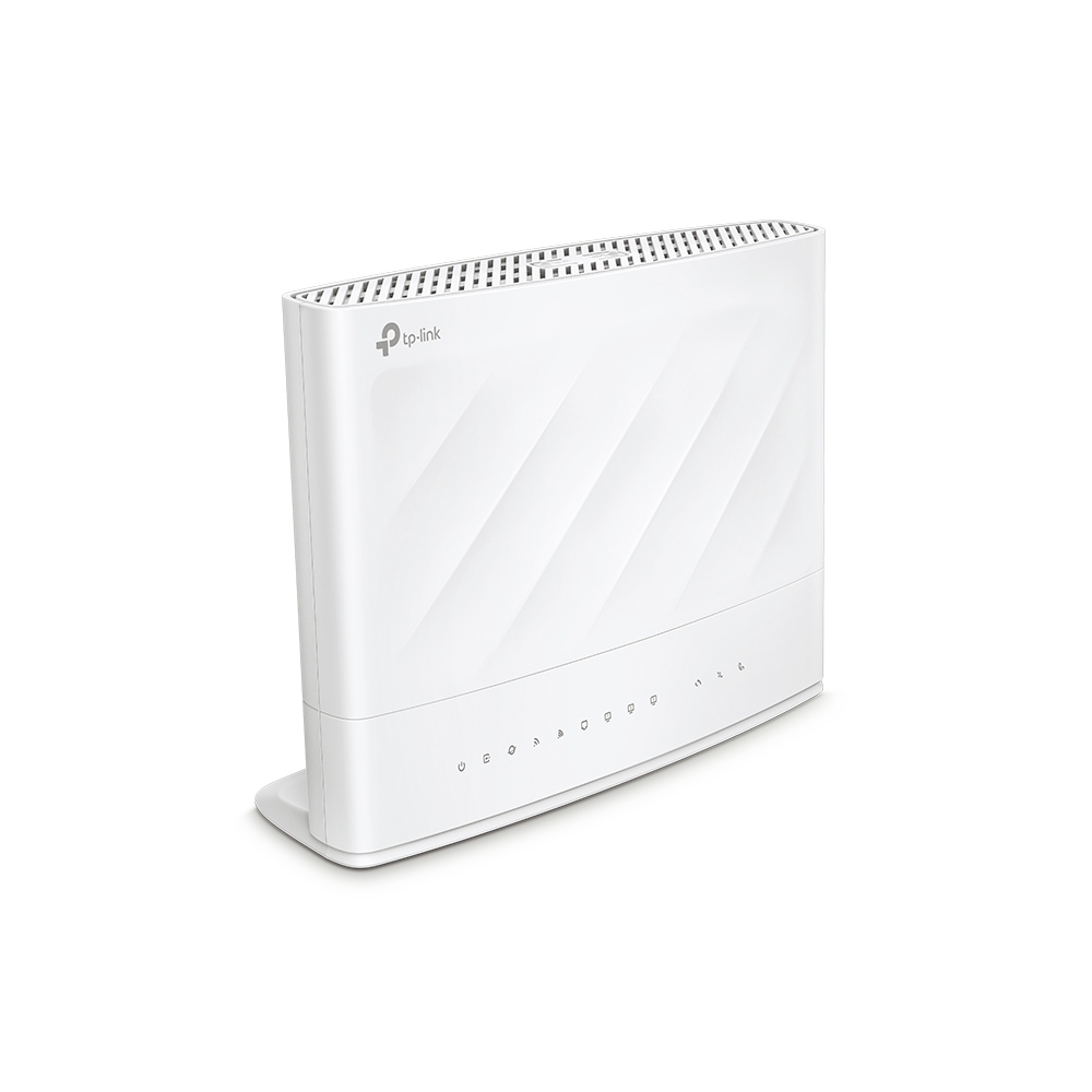 Witte TP-Link router, staand met lichten aan.