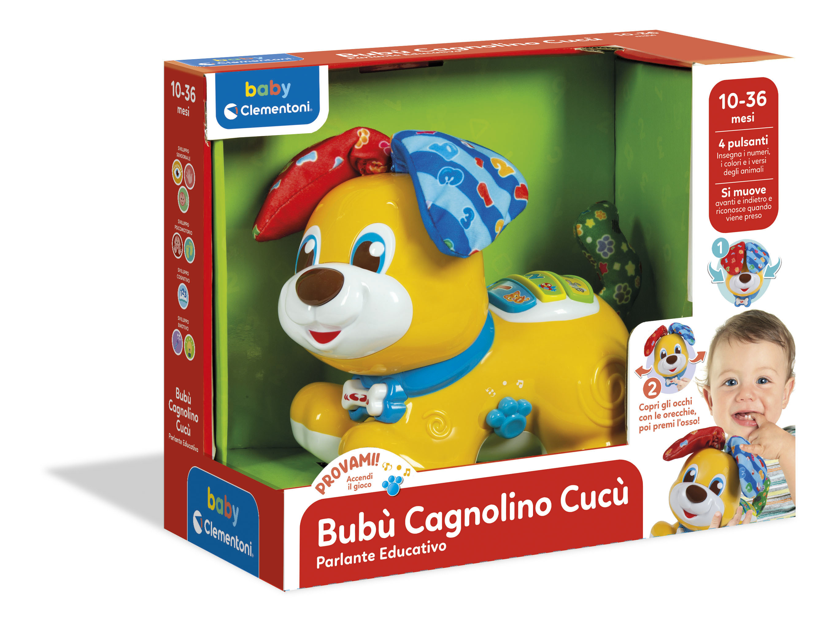 Żółta zabawka psa w pudełku. Czerwone i niebieskie detale. Opakowanie z dzieckiem i tekstem.