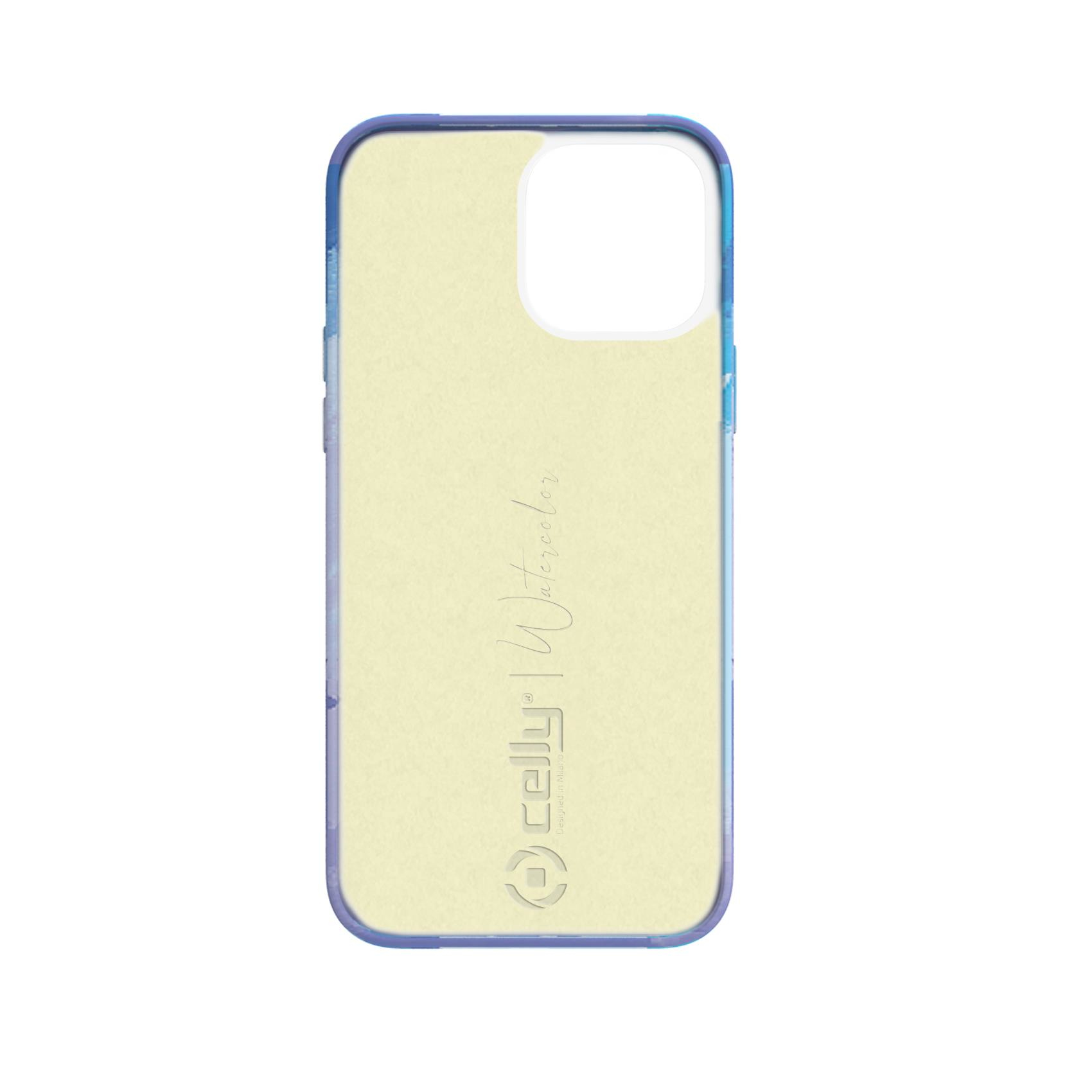 Custodia per telefono, color crema. Logo Celly Watercolor in basso, bordo blu.