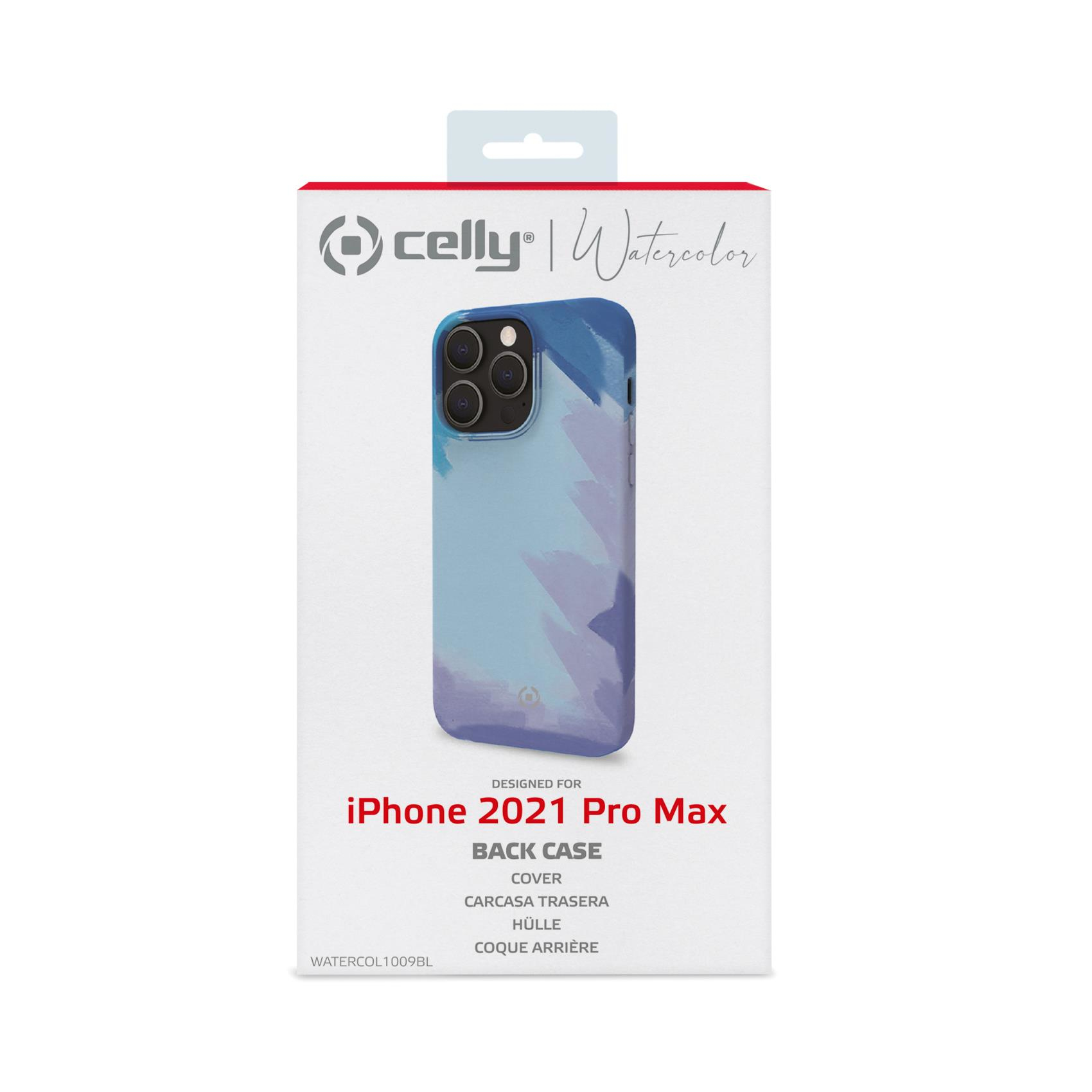 Una scatola per la custodia del telefono per un iPhone 2021 Pro Max. La custodia ha un design ad acquerello blu e bianco.