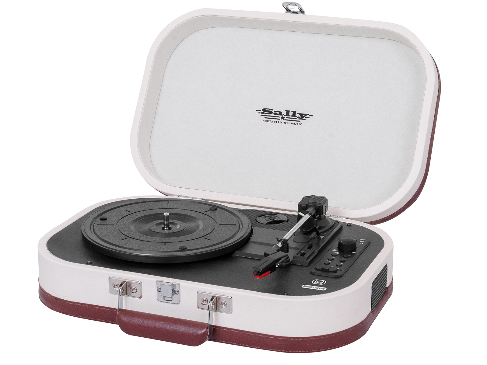 Lettore musicale vinile portatile in stile retrò, aperto. Interno bianco, esterno marrone.