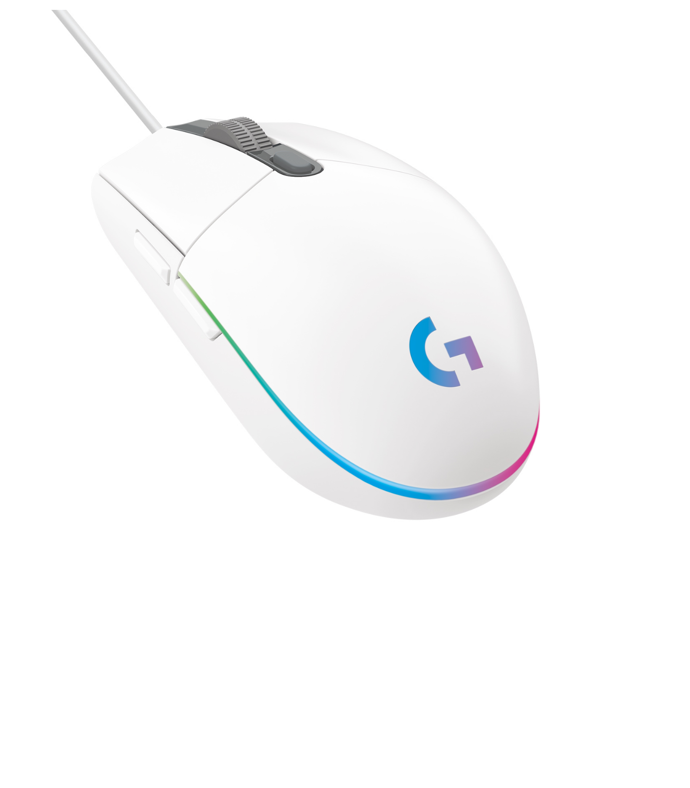 Biała mysz gamingowa z podświetleniem RGB na dole. Szare kółko i boczne przyciski.