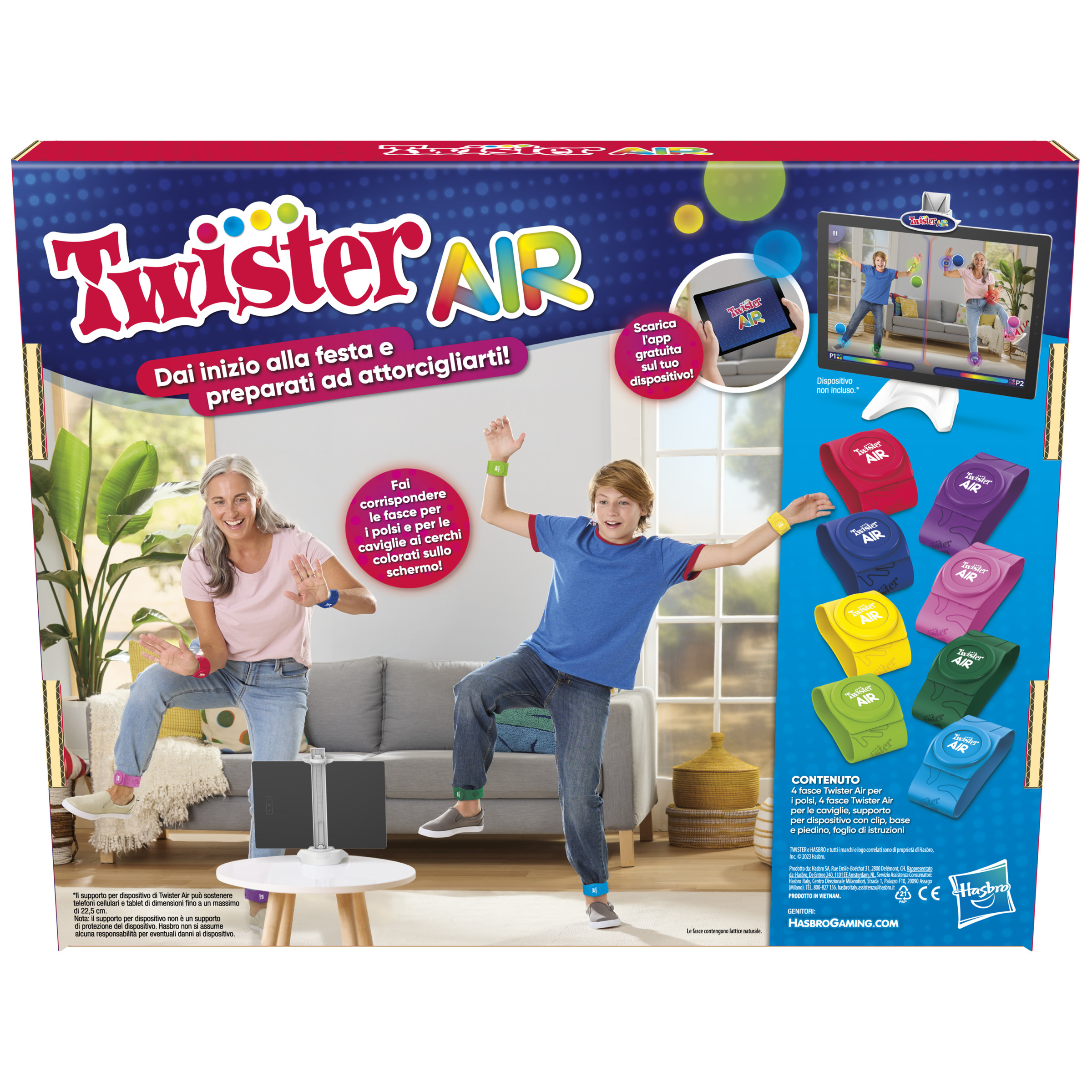 Twister Air Spielbox mit spielenden Leuten, bunten Armbändern und einem Bildschirm.