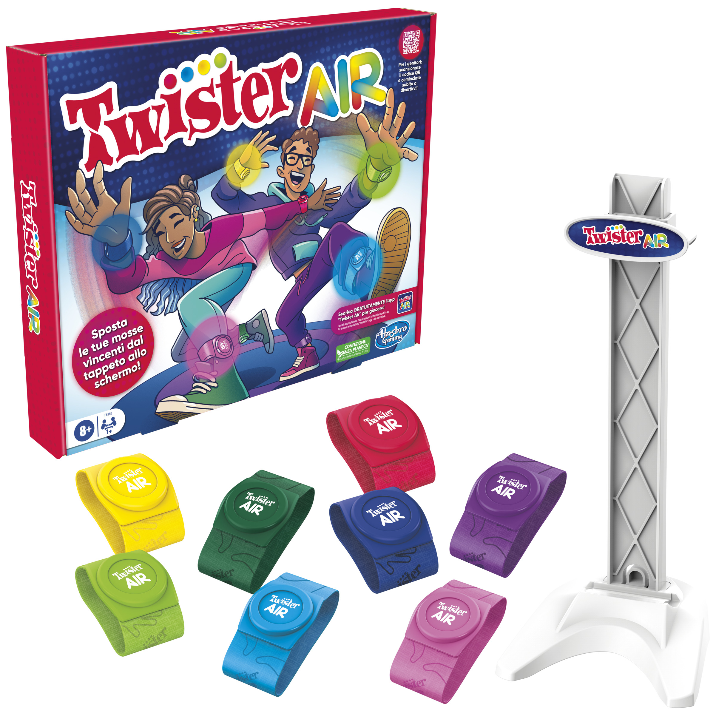 Twister Air Spielbox mit Spielkomponenten: Armbänder, Ständer und eine Box mit Figuren.