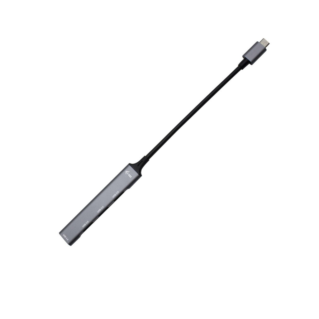 USB-C-zu-USB-Adapter, grau, schwarzes Kabel, weißer Hintergrund.