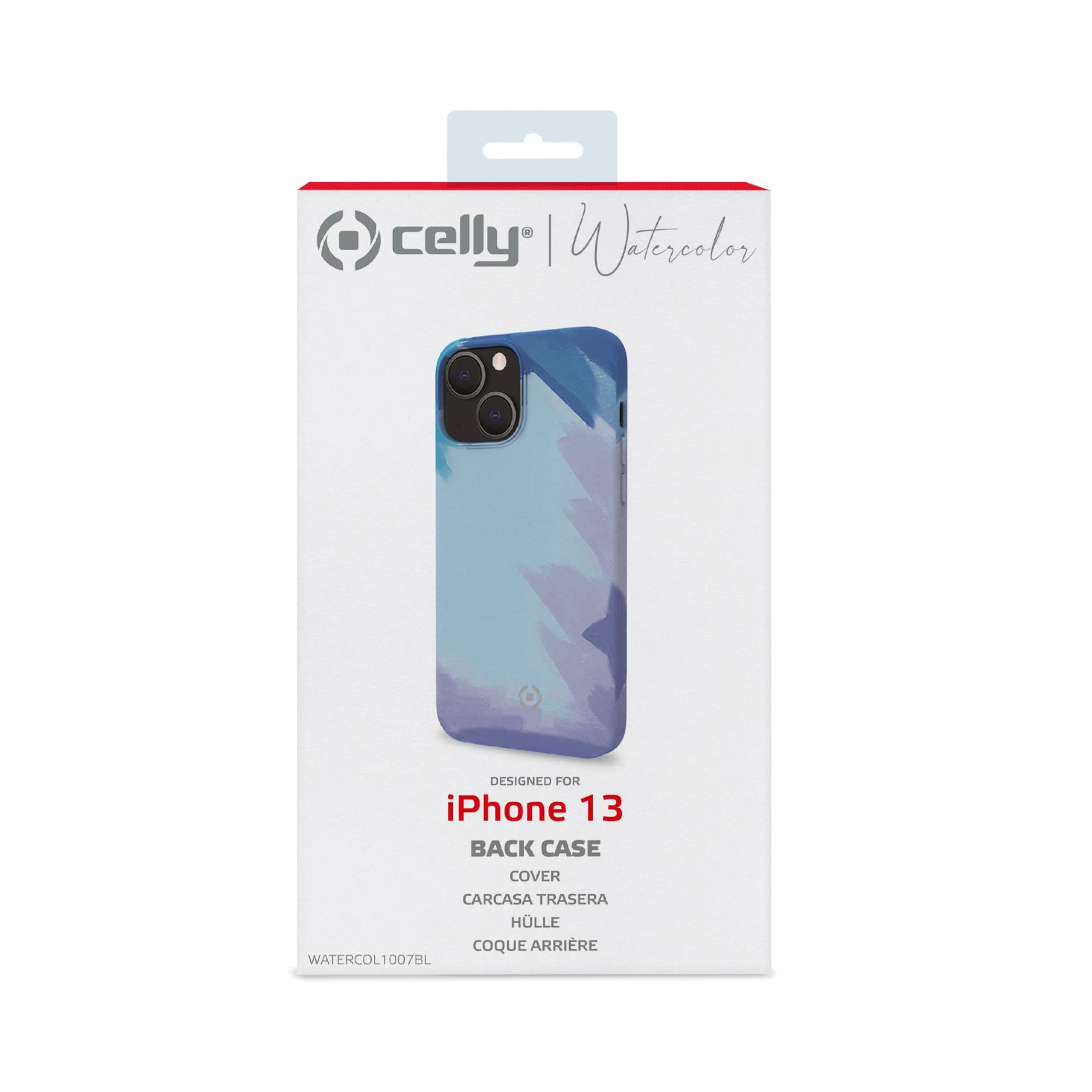 Scatola custodia iPhone 13, design acquerello, sfondo bianco.