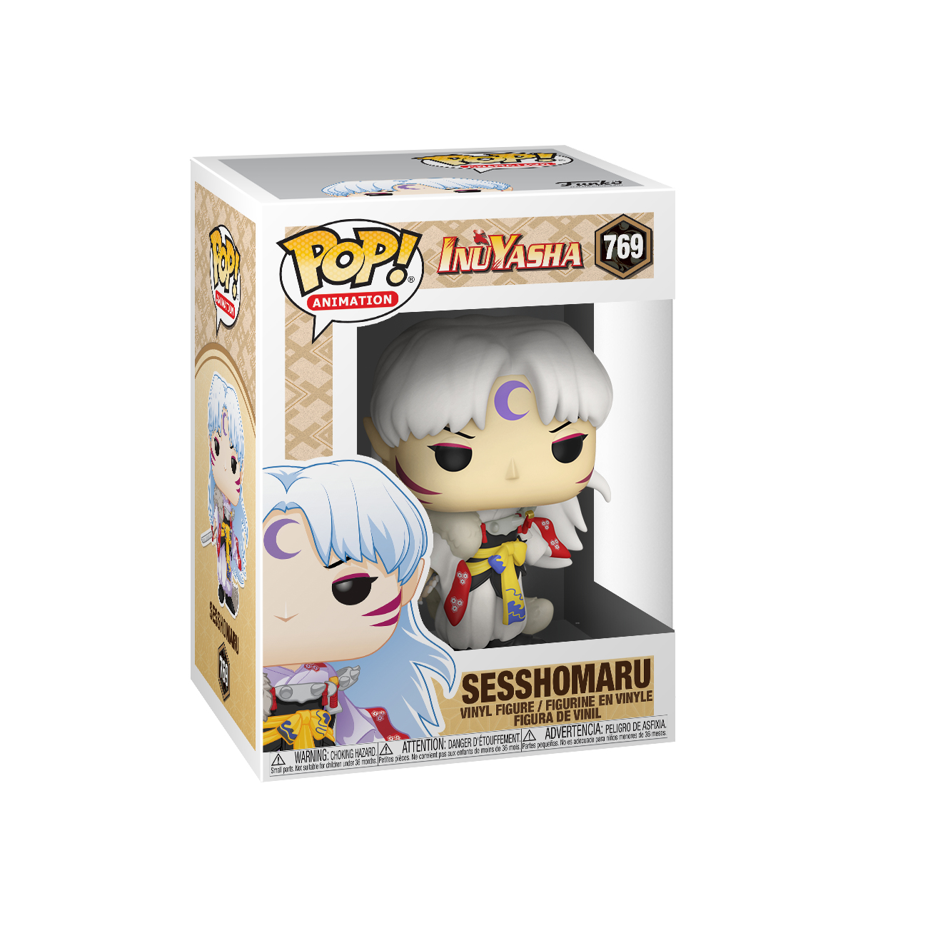 Figurka Funko Pop Sesshomaru z Inuyashy. Figurka w pudełku z postacią o białych włosach.