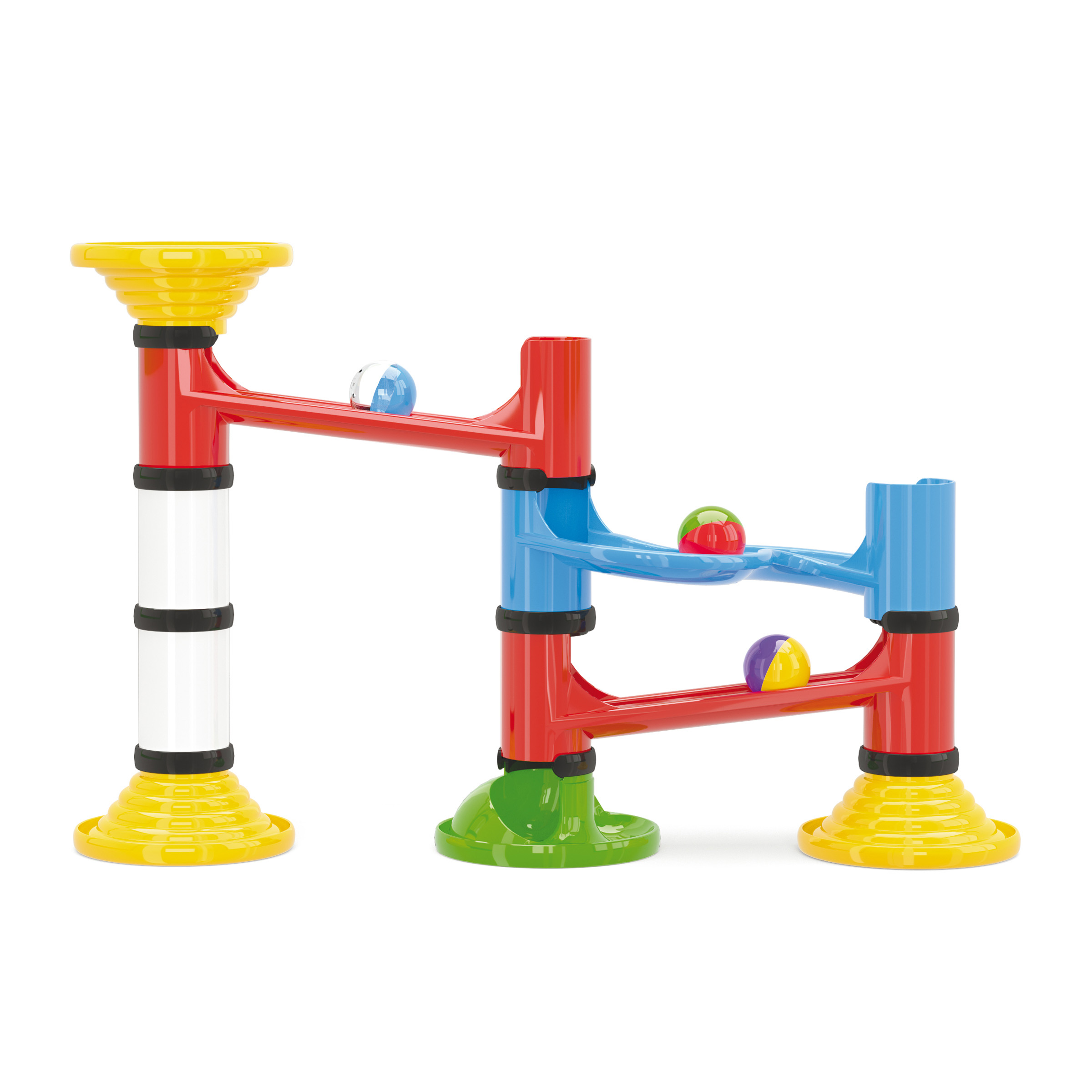 Ein farbenfrohes Murmelbahnspielzeug mit roten, blauen und gelben Teilen. Murmeln bewegen sich auf der Strecke.