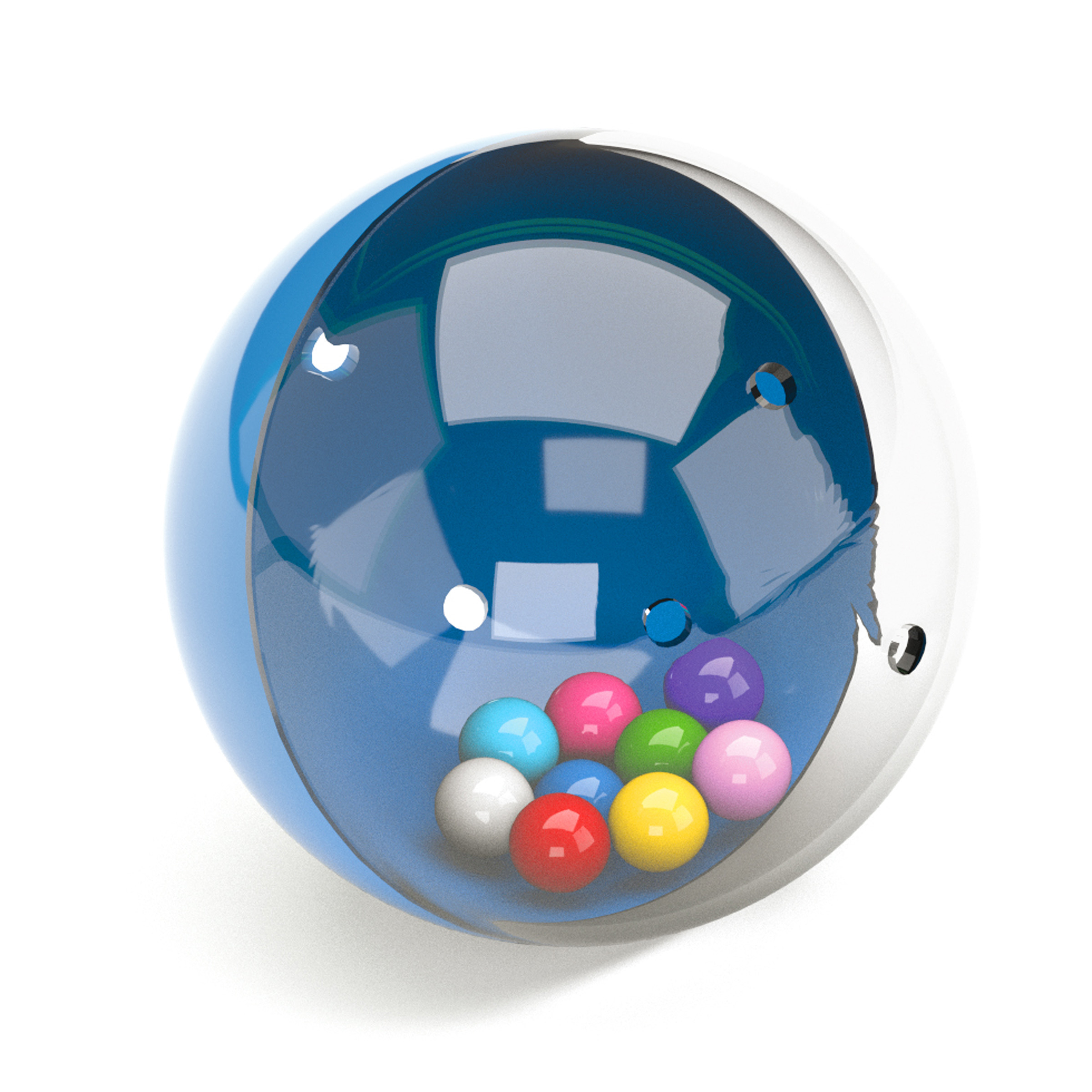 Transparenter Ball mit bunten Kugeln. Blauer und weißer Hintergrund.