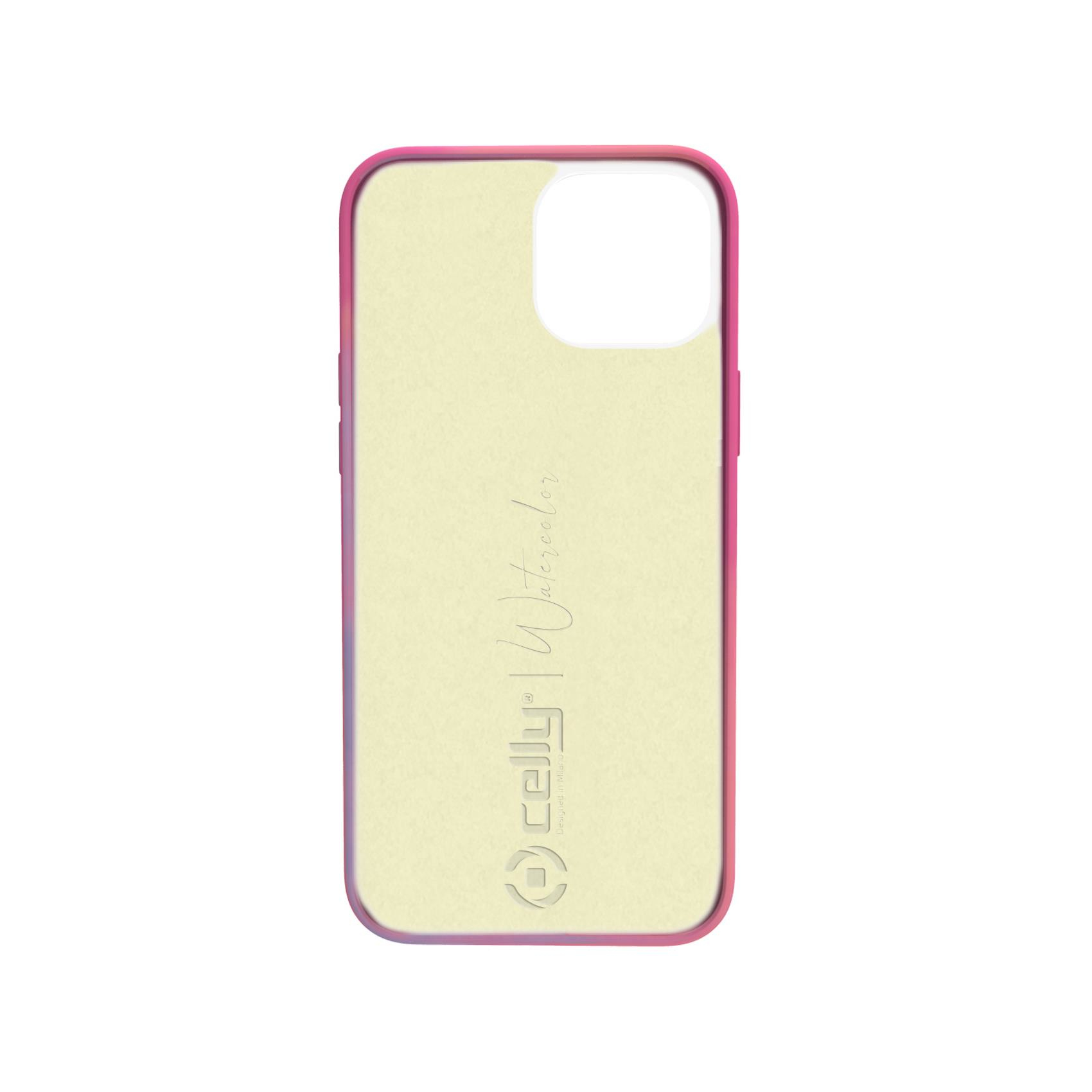 Una custodia per telefono con retro color crema e bordi rosa, con il logo 'celly | Watercolor'.
