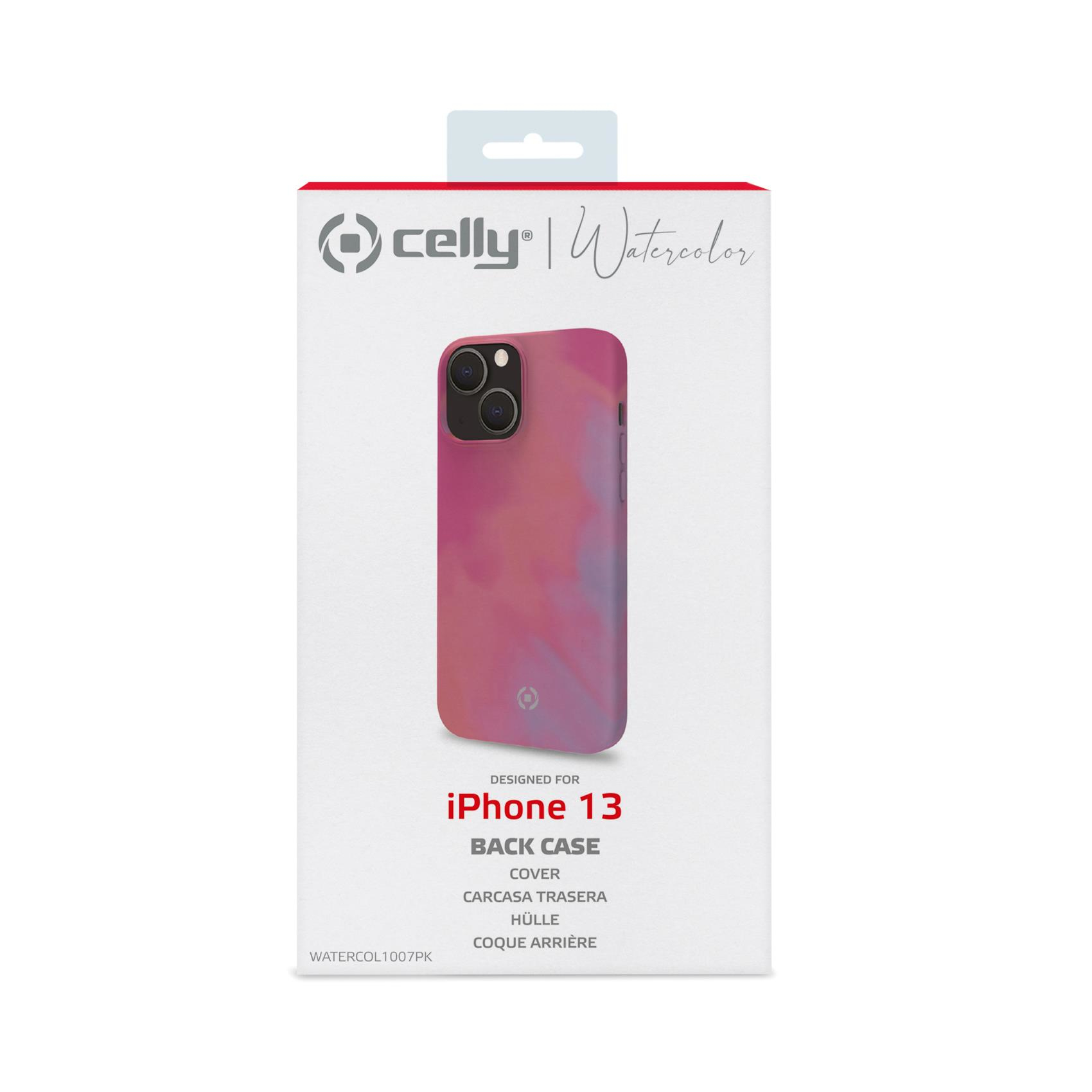 Confezione della custodia per iPhone 13 in una scatola bianca, design acquerello rosa e viola, e contorno del telefono.