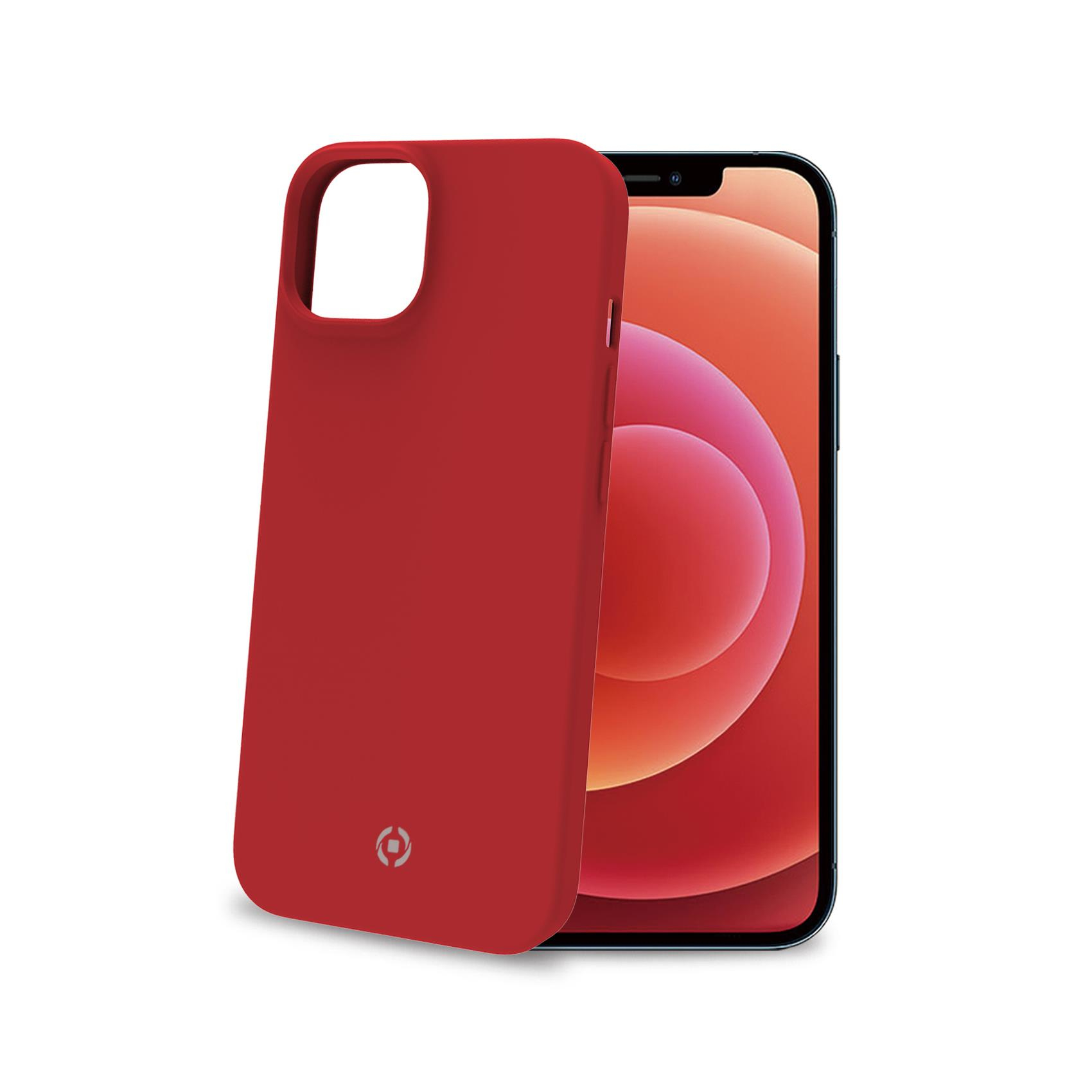 Custodia per telefono rossa con un telefono all'interno. Il telefono ha uno schermo rosso. La custodia ha un logo bianco.