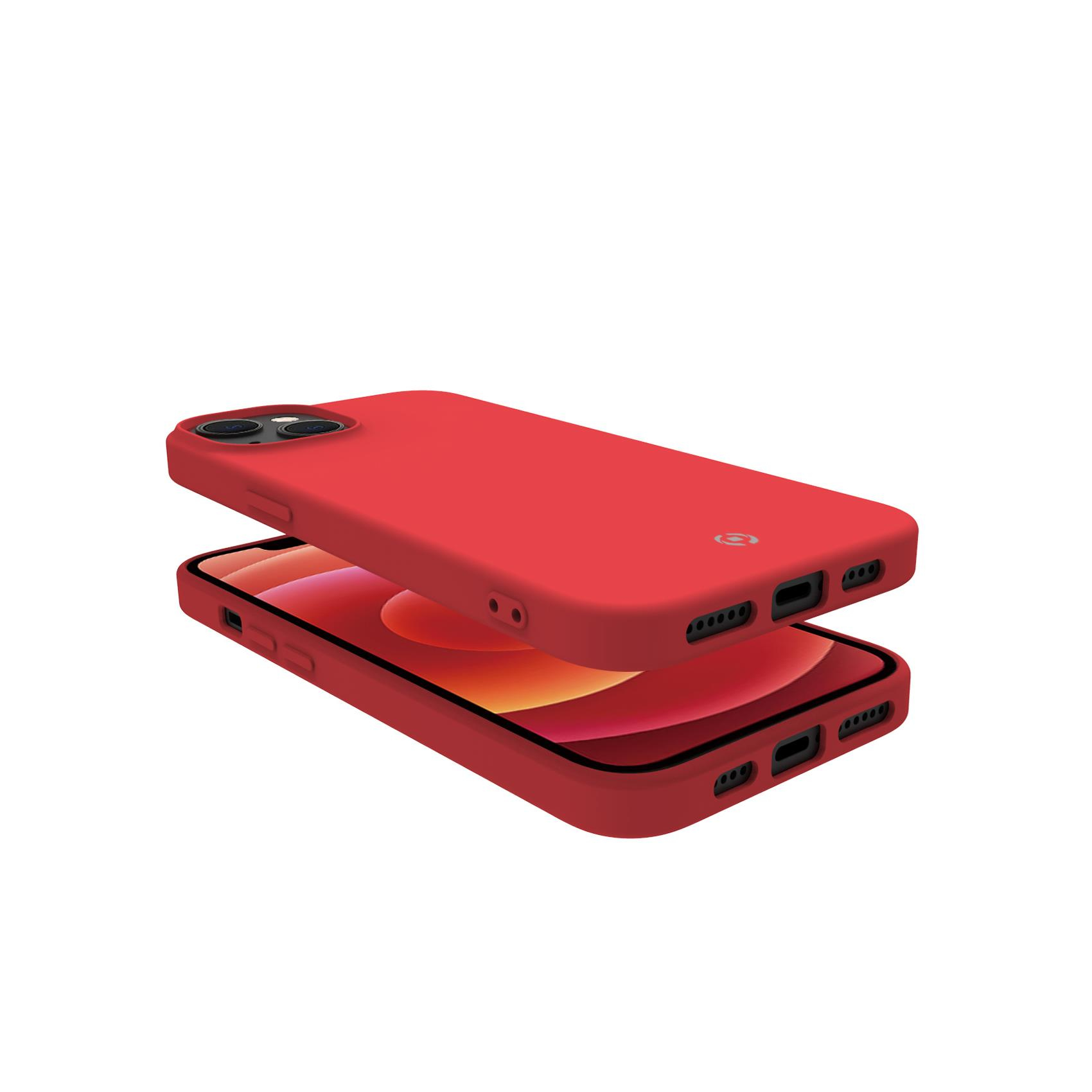 Due custodie per telefono rosse sovrapposte. La custodia superiore è leggermente spostata, mostrando il telefono all'interno.