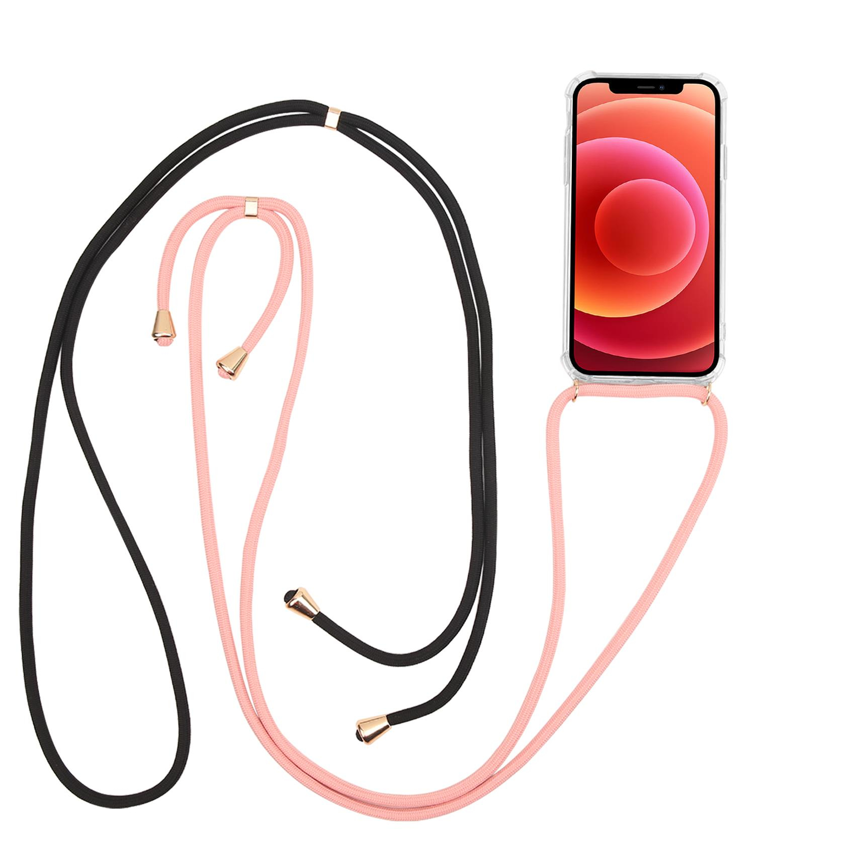 Un telefono con custodia trasparente è attaccato a un cordino nero e rosa con dettagli dorati.